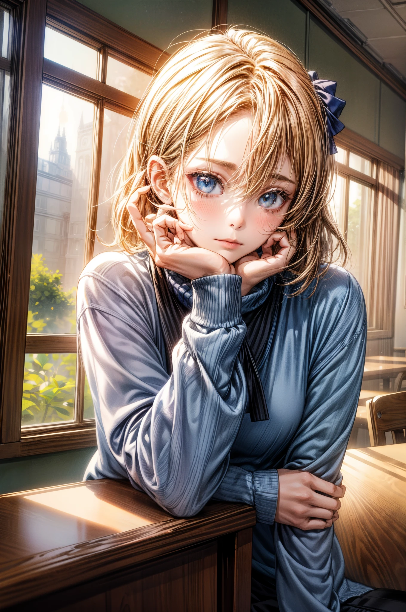 masutepiece, Best Quality, 1girl in, Solo, Medium Hair, window, Sitting, Indoors, The table, sleeves past wrists, cafes, Hair Bow, head rest, Closed mouth, Blue sweater, Upper body