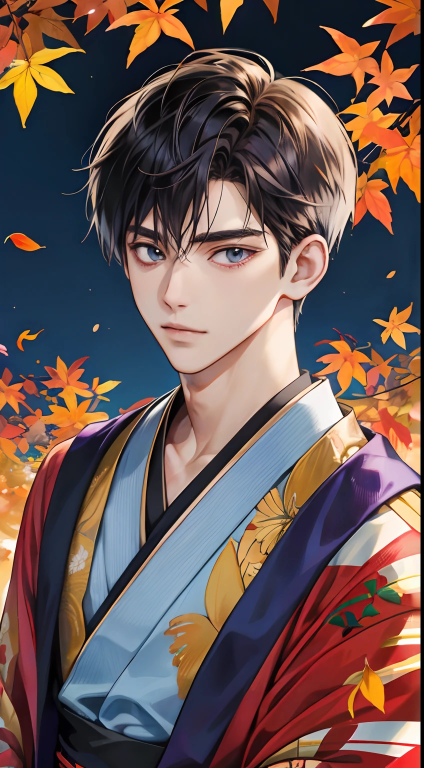 (masutepiece:1.3),(Best Quality:1.2),8K,absurderes,(Extremely detailed:1.3),highest grade,(1boy:1.2),Portrait,Shirt, Short hair, Very short hair,Piercing、Looking at the camera、He is wearing a delicate and cool dark purple men's kimono.、The background is a night of delicate and beautiful autumn leaves in Japan........、Dark night background、Fantastical