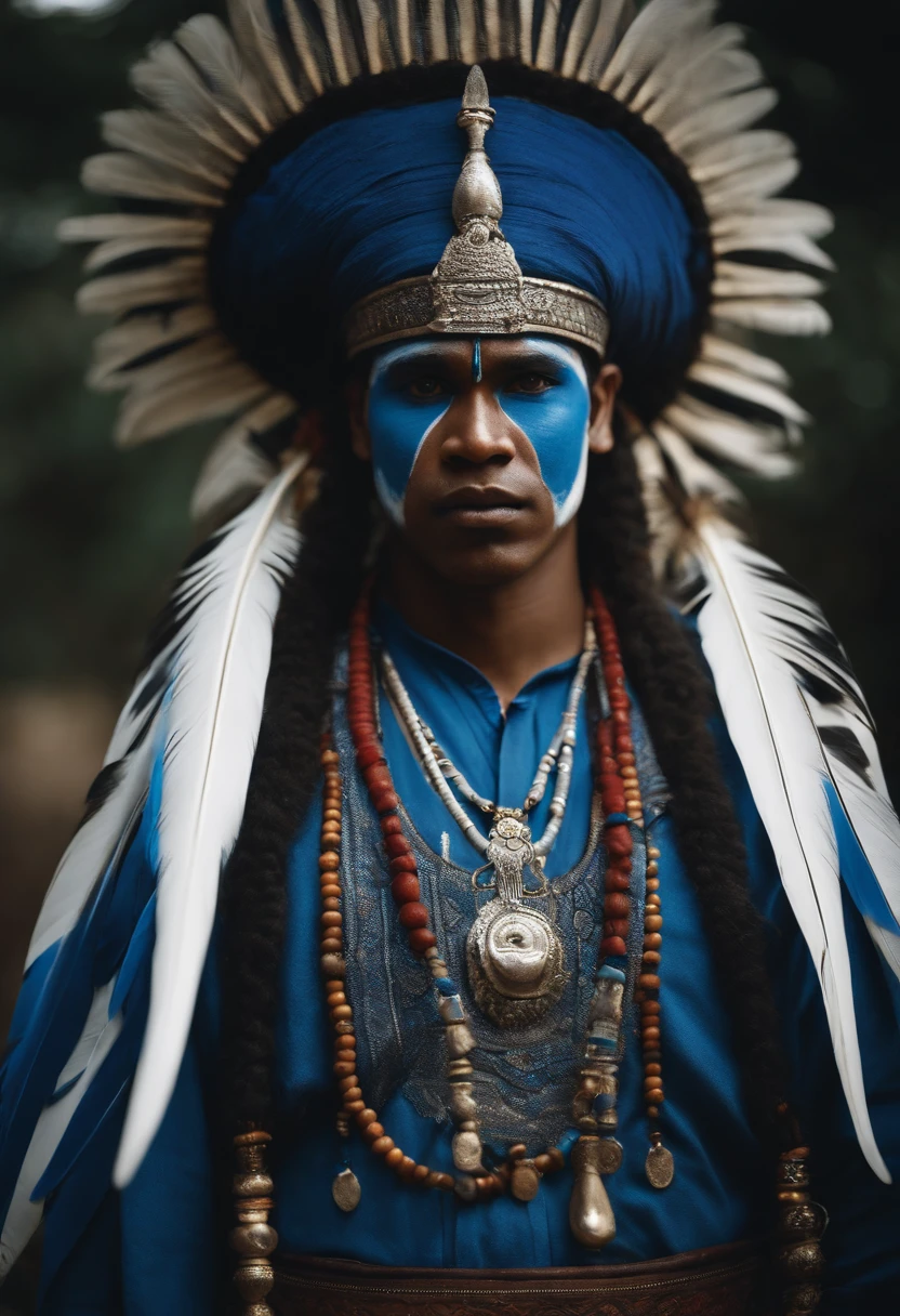 CABOCLO Ogum 7 sword, Mixed-race blacks, India, Typical indigenous ornaments,Wearing blue and white feathers Ad. 复杂, Umbanda entity, Blue and white painted face, piercing gaze, Cosmic God,
