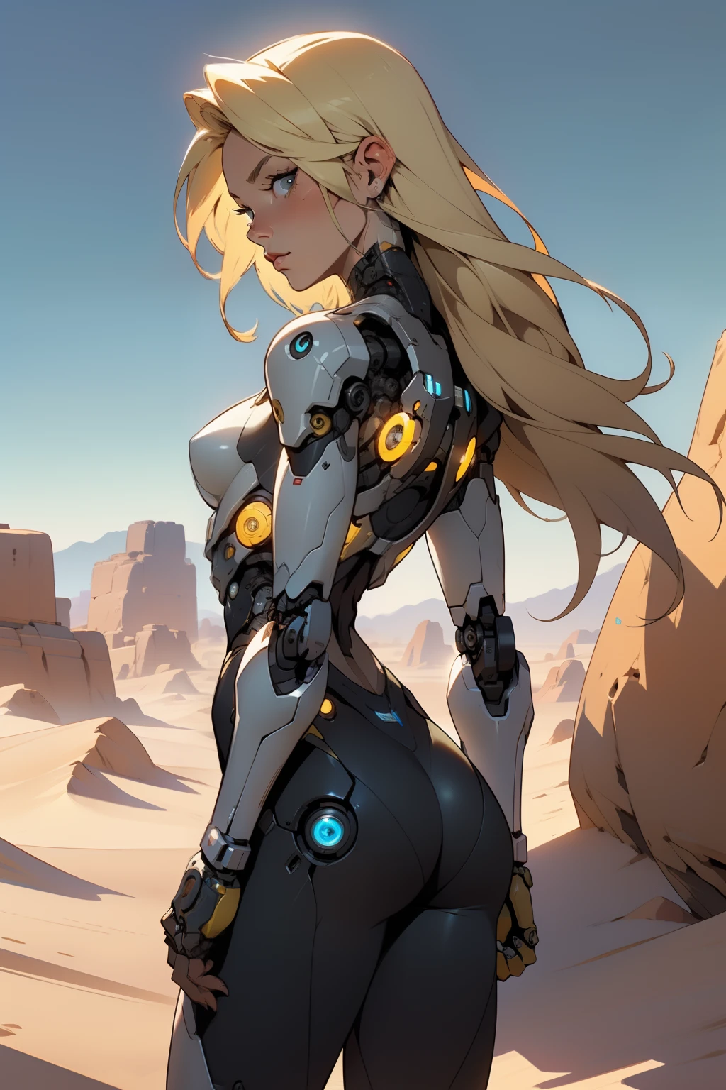 high quality, 4k, masterpiece, beautiful, cyborg girl, cowboy shot, dull eyes, back side, turning around to look at viewer, long blonde hair, girl, small breasts, fit thigh, robotic arms, robotic body, cyborg body, yellow accent, redaccent, intricate detail, joint, detailed lines, robotic detail, holding fist up, holding hand up as fist, color robotic parts, robotic parts with color, perfect fingers, on a desert planet, sunny background, colorful desert,