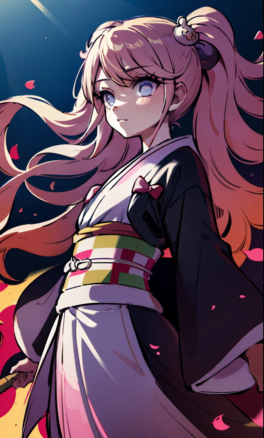 obra maestra, (kimono rosa), cara seductora, good lighting, escote, detalles finos, obra maestra, ojos brillantes, 1girl, cabello, mordaza, bamboo, Nezuko Kamado, fondo de glicinias, obra maestra, mejor calidad, POV, cuerpo entero, caderas anchas,