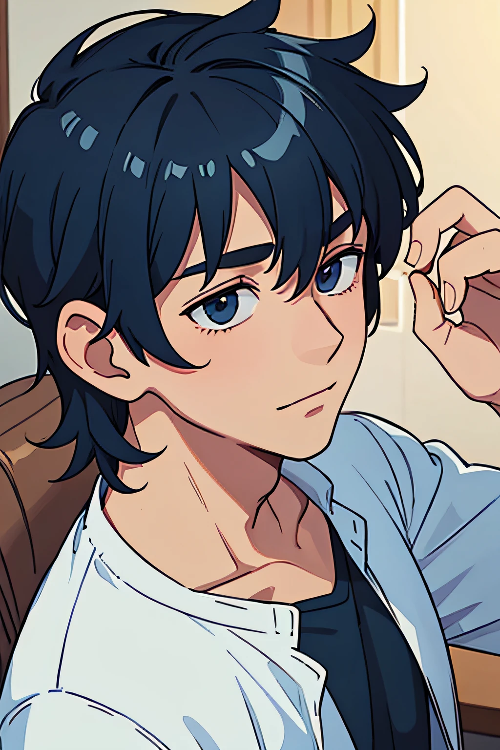 handsome guy, casual clothes, looks relaxed, his hair is dark blue
