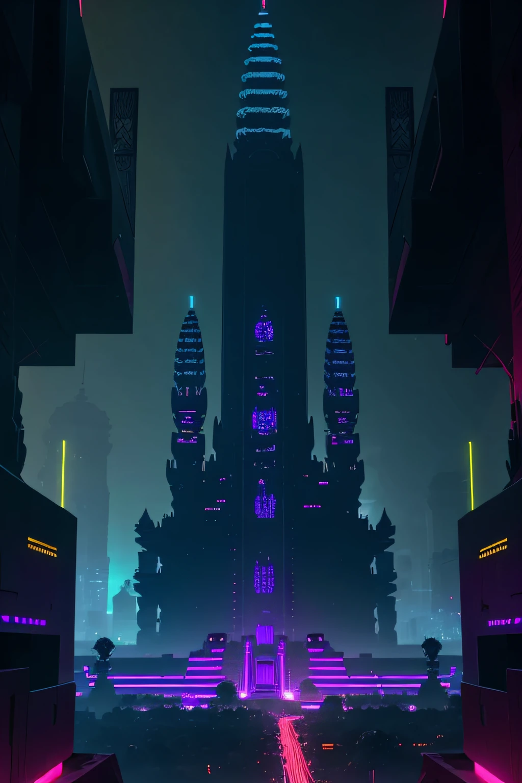 Angkor Wat with a futuristic style, cyberpunk, neon light, future city background, 8k, high quality,