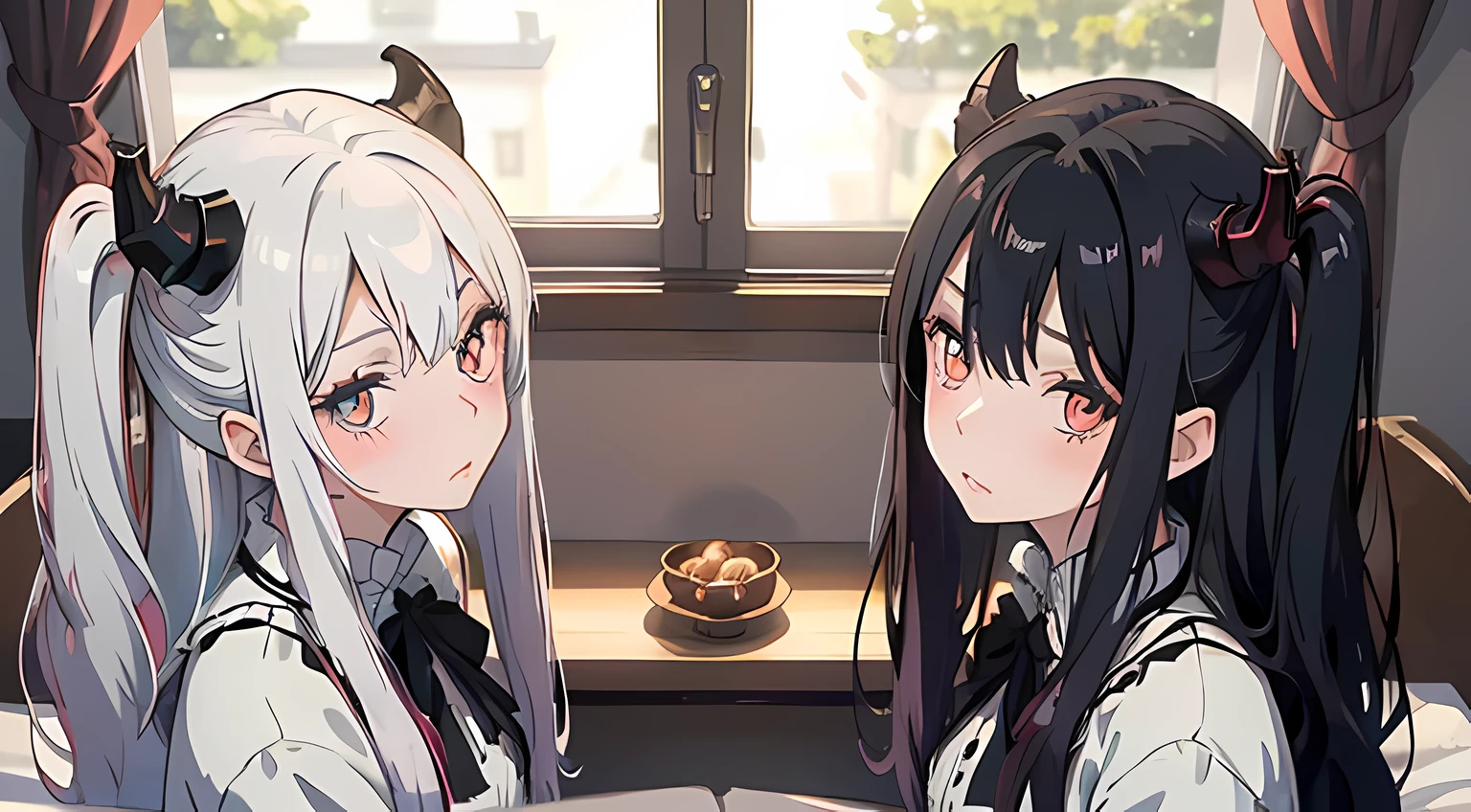 2 vampire girls with horns, (beautiful eyes finely detailed, detailed face, different hair lengths, different hair colors, different eye colors), wearing different style outfit, sit on the bed, full body, teasing facial expression, looking at the camera, blush on their face, bedroom, master piece, noon time, top-quiality, detailed, High Resolution anime illustration