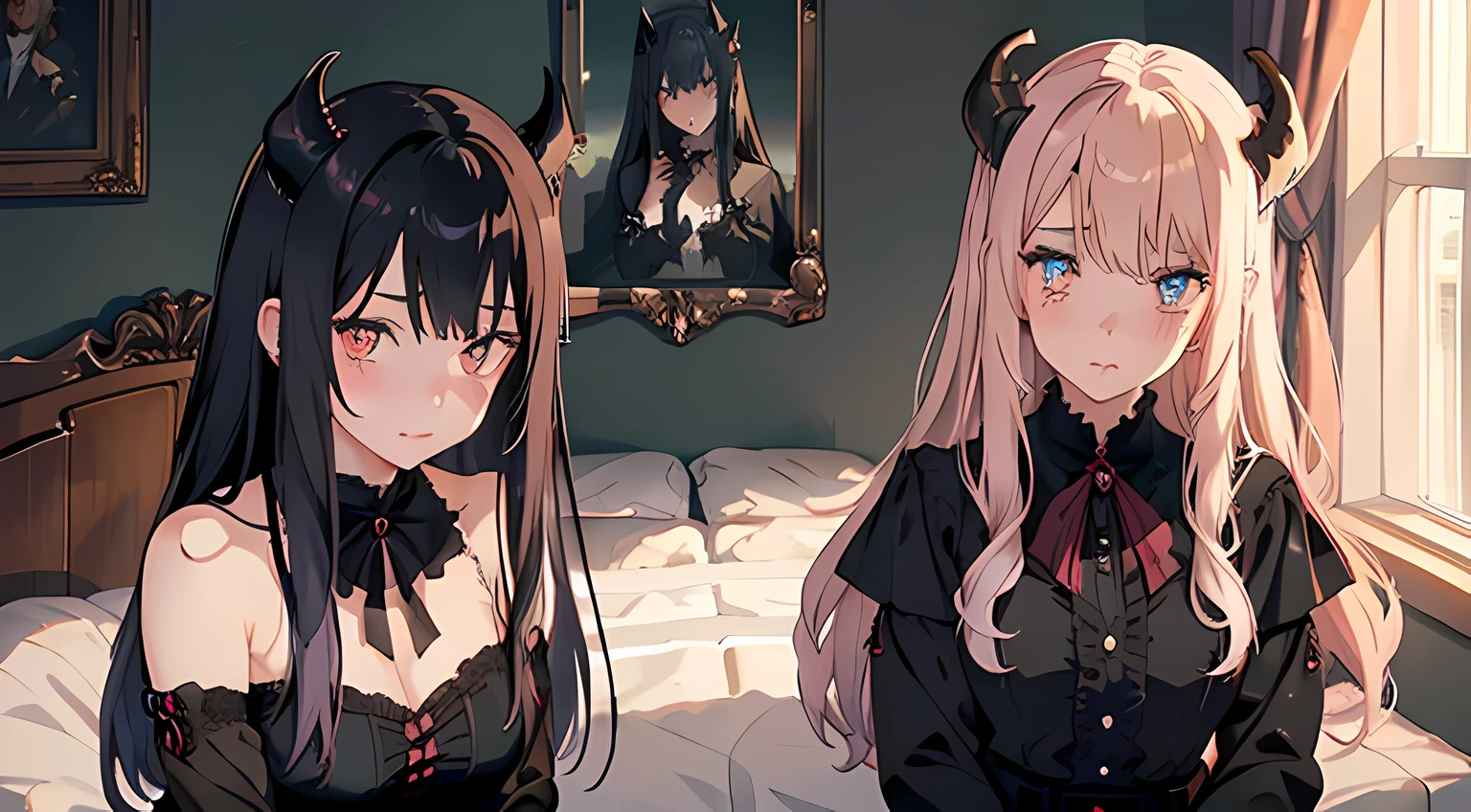 2 vampire girls with horns, (beautiful eyes finely detailed, detailed face, different hair lengths, different hair colors, different eye colors), wearing different style outfit, sit on the bed, full body, teasing facial expression, looking at the camera, blush on their face, bedroom, master piece, noon time, top-quiality, detailed, High Resolution anime illustration