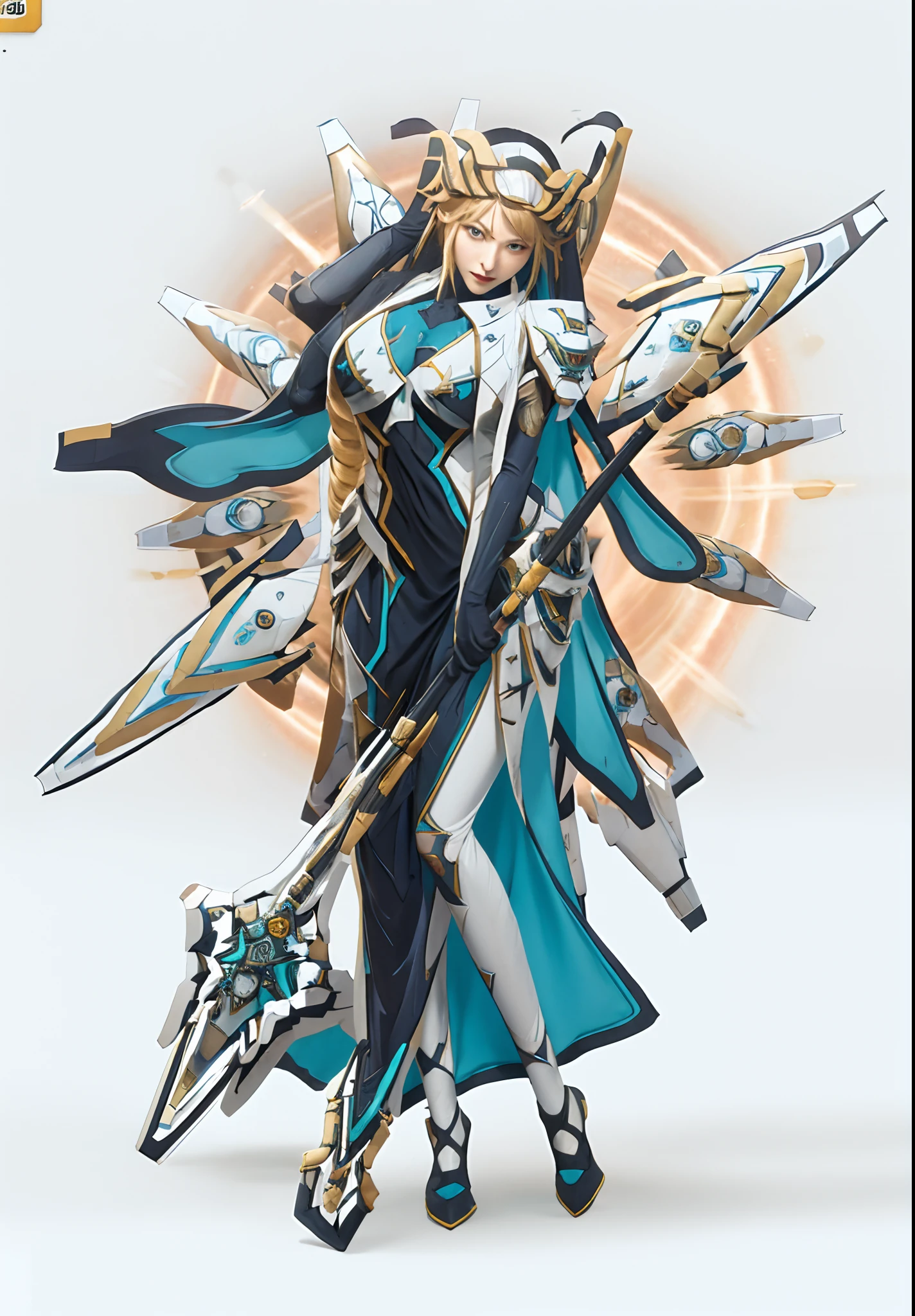 a woman in a long dress holding a sword and a sword, mechanized valkyrie girl, gear aurora, cushart krenz key art feminine, in opal armor, guilty gear strive splash art, this character has cryokinesis, genshin impact character, official character art, white cyan, granblue fantasy, ayaka genshin impact, from nikke goddes of victory, rapunzel