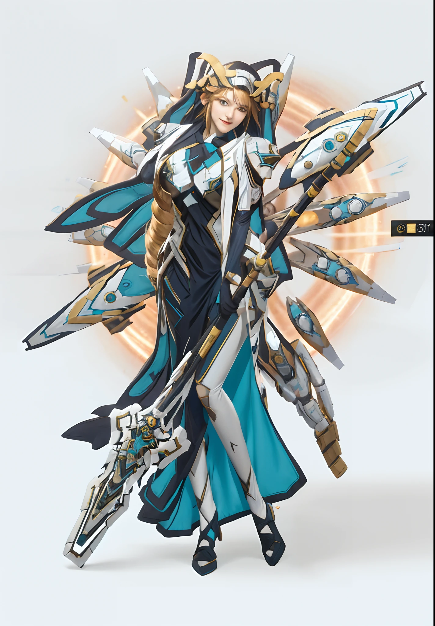 a woman in a long dress holding a sword and a sword, mechanized valkyrie girl, gear aurora, cushart krenz key art feminine, in opal armor, guilty gear strive splash art, this character has cryokinesis, genshin impact character, official character art, white cyan, granblue fantasy, ayaka genshin impact, from nikke goddes of victory, rapunzel