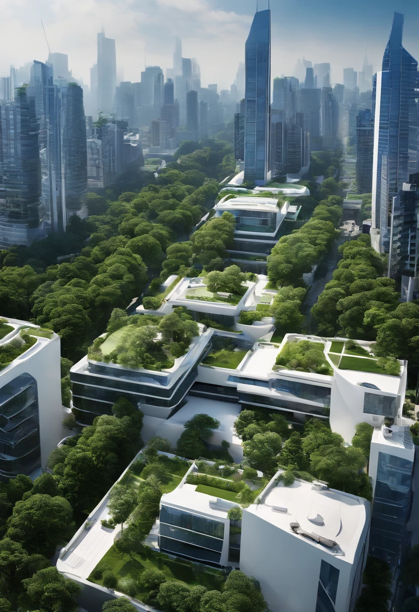 City, scenery, Tall buildings, White, Blue, day, Great lighting, Masterpiece, Futuristic, Greenery, green trees