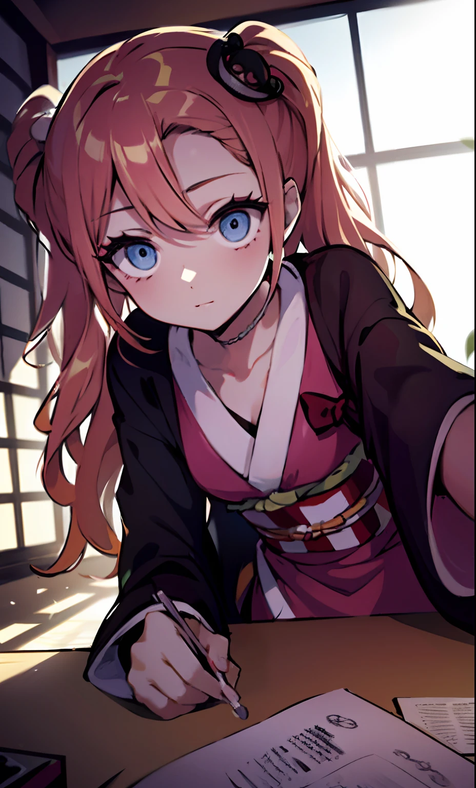 obra maestra, (kimono rosa), cara seductora, good lighting, escote, detalles finos, obra maestra, ojos brillantes, 1girl, cabello rubio, mordaza, bamboo, Nezuko Kamado, fondo de glicinias, obra maestra, mejor calidad, POV, cuerpo entero, caderas anchas,