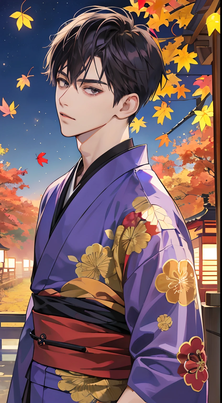 (masutepiece:1.3),(Best Quality:1.2),8K,absurderes,(Extremely detailed:1.3),highest grade,(1boy:1.2),Portrait,Shirt, Short hair, Very short hair,Piercing、Looking at the camera、He is wearing a delicate and cool dark purple men's kimono.、The background is a night of delicate and beautiful autumn leaves in Japan.......、Dark night background
