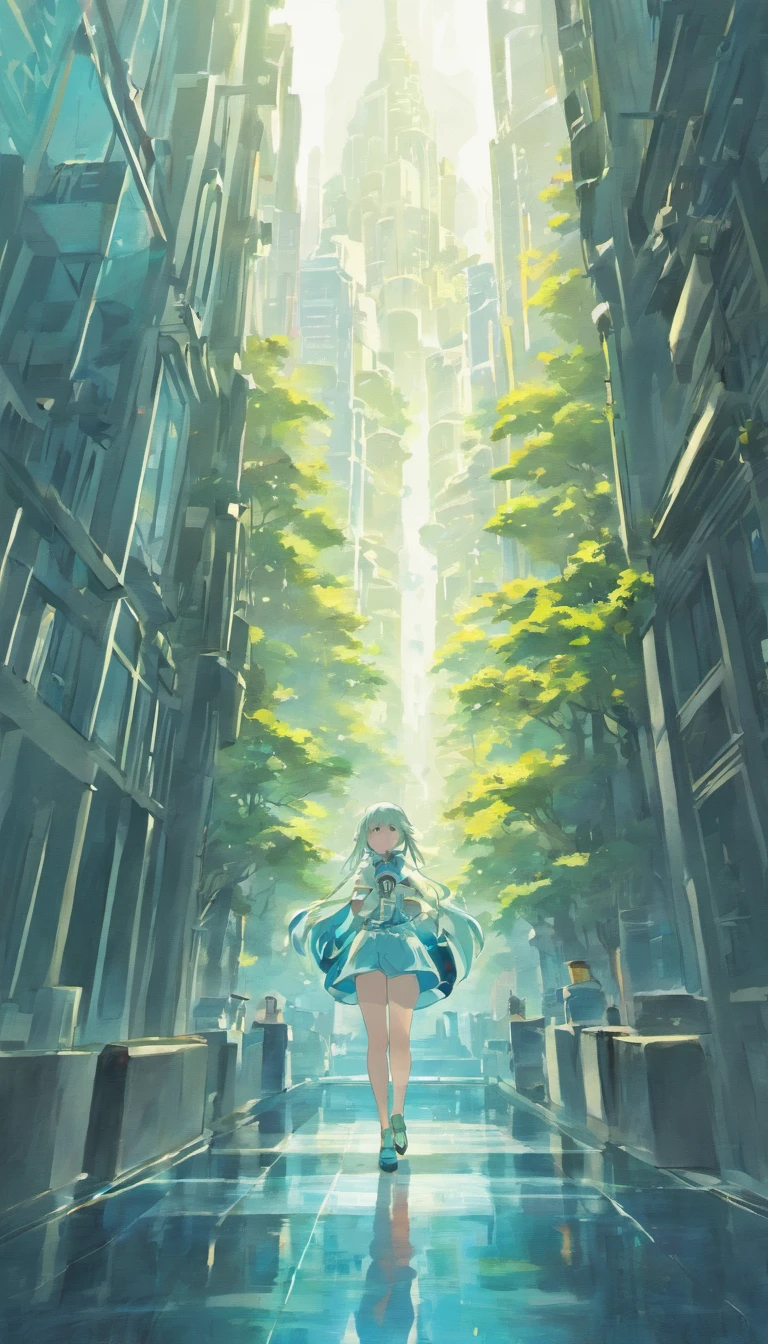 City, scenery, Tall buildings, White, Blue, day, Great lighting, Masterpiece, Futuristic, Greenery, green trees