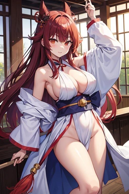 Japan myths、Fierce dance、Ame-no-Uzume、A dark-haired、The long-haired、large full breasts、thin-waist、He has a stick with many bells in his hand.