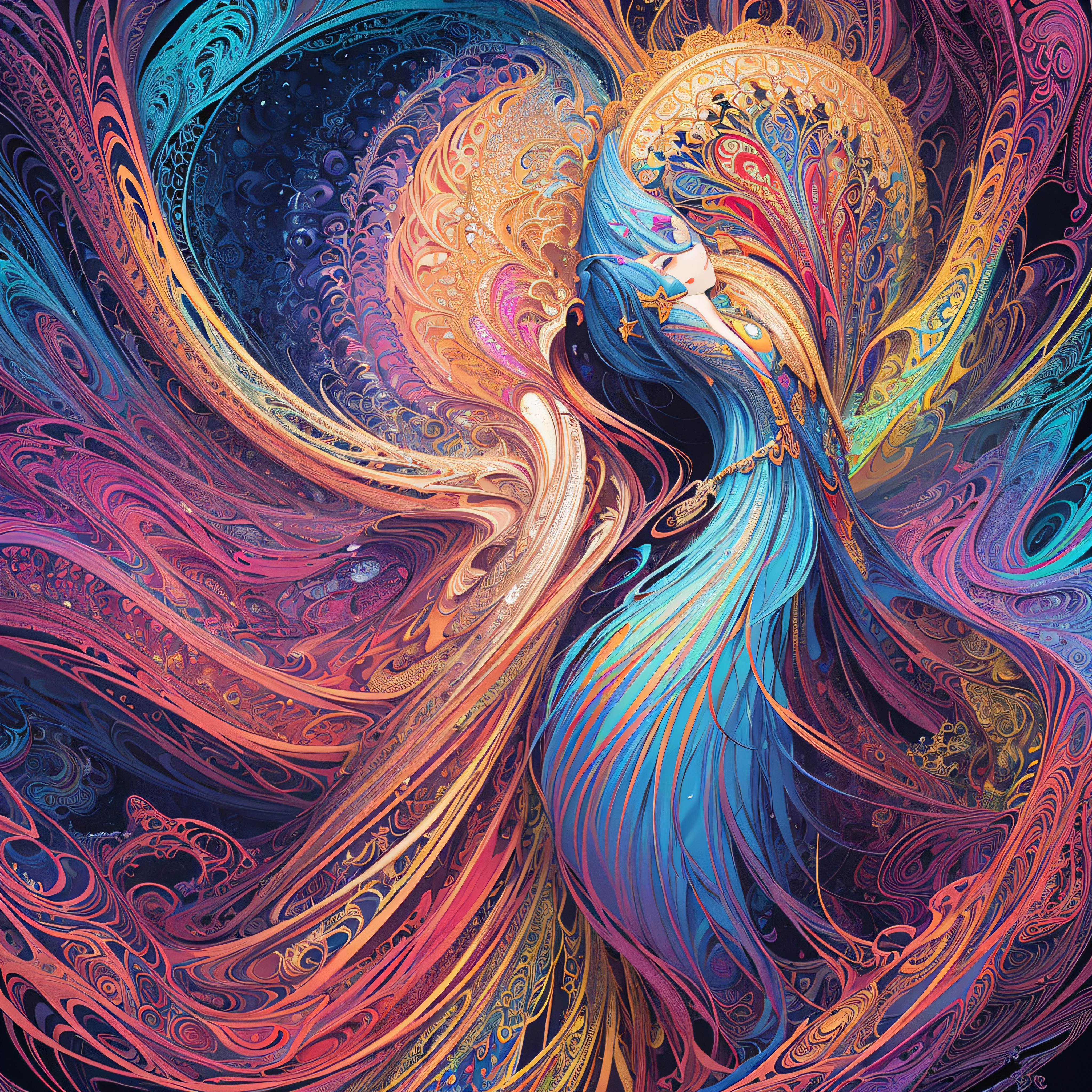 (masterpiece, top quality, best quality, official art, beautiful and aesthetic:1.2), (1girl:1.3), extremely detailed,(fractal art:1.2),colorful,highest detailed,(zentangle:1.2), (dynamic pose), (abstract background:1.5), (treditional dress:1.2), (shiny skin), (many colors:1.4), upper body