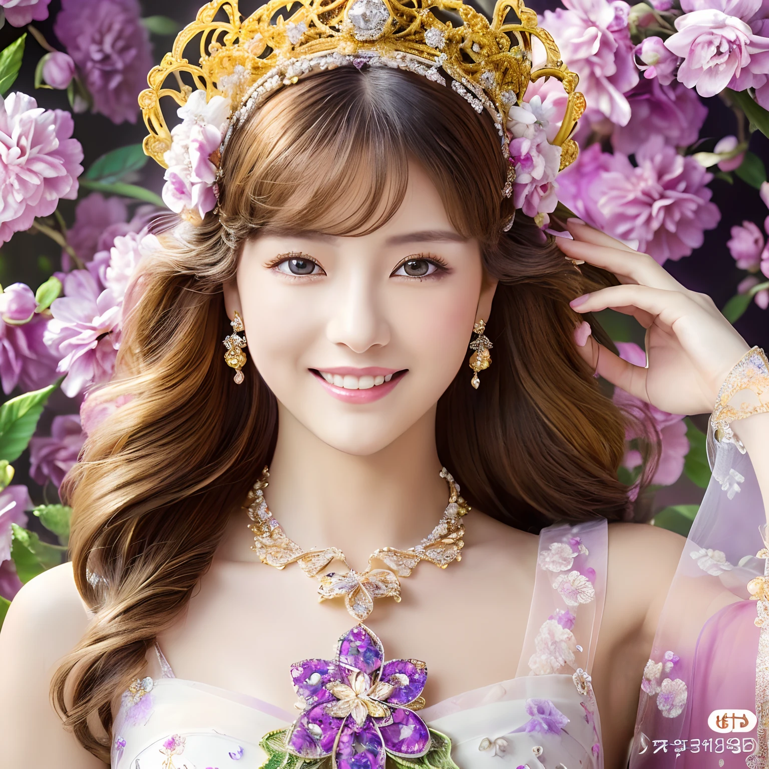 tmasterpiece,Highest high resolution,((((Bow your head and smile)))),Dynamic avatar of a beautiful aristocratic girl,Golden hair is gracefully curled,(((Wearing a crown of huge flowers、jewely,Diamond necklace))),Purple clear eyes,(((Hair is covered with beautiful and delicate floral craftsmanship, Crystal Jewelry Filigree))),hysteric glamor style