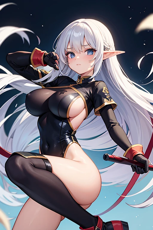 elven girl,dynamic pose,fight,kick,silver long hair ,large breast,BREAK,navy polyester leotard,cutout between underboob,black short sleeves,BREAK,boots,red long gloves