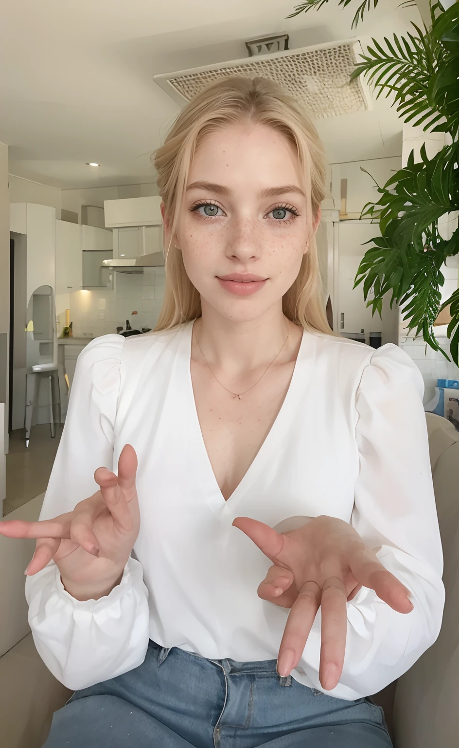 mulher, americana, 25 anos, pale skin and freckles, olhos cinzas, nariz delicado, soft and delicate lips, Cabelo blondie cinza longo e ondulados, sorriso meigo