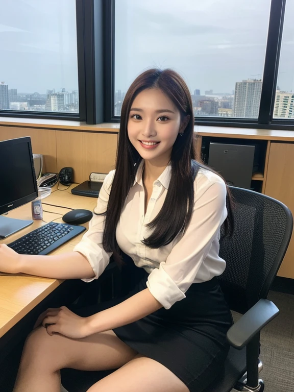 (Natural background), masterpiece, highest quality, shape, Very detailed, finely, High resolution, 8k wallpaper, Perfect dynamic shape, Finely beautiful eyes, Big Breasts, Natural color lip, Strike a mischievous pose, smile, ((office)), Full Body Shot, Long Hair, ((working office uniform)), (dark), Thinking Ahead, Sit on a chair