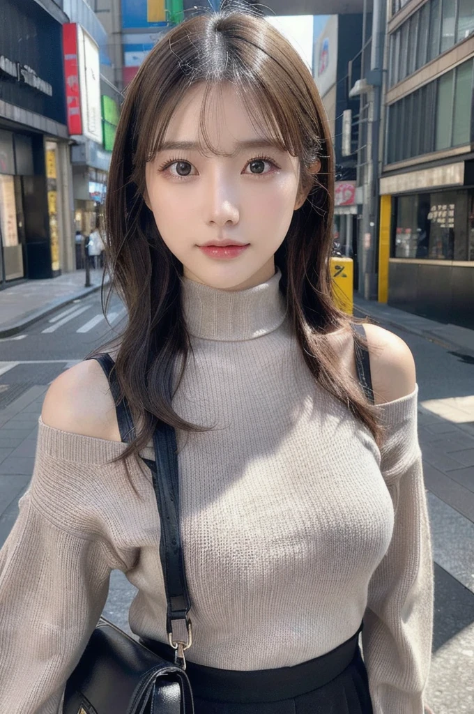 (huge tit、Turtleneck knitwear、Shoulder Bag)、(top-quality,​masterpiece:1.3,超A high resolution,),(ultra-detailliert,Caustics),(Photorealsitic:1.4,RAW shooting,)Ultra-realistic capture,A highly detailed,high-definition16Kfor human skin、 Skin texture is natural、、The skin looks healthy with an even tone、 Use natural light and color,One Woman,japanes,,kawaii,A dark-haired,Middle hair,(depth of fields、chromatic abberation、、Wide range of lighting、Natural Shading、)、(Hair swaying in the wind:1.2)、Streets of Tokyo