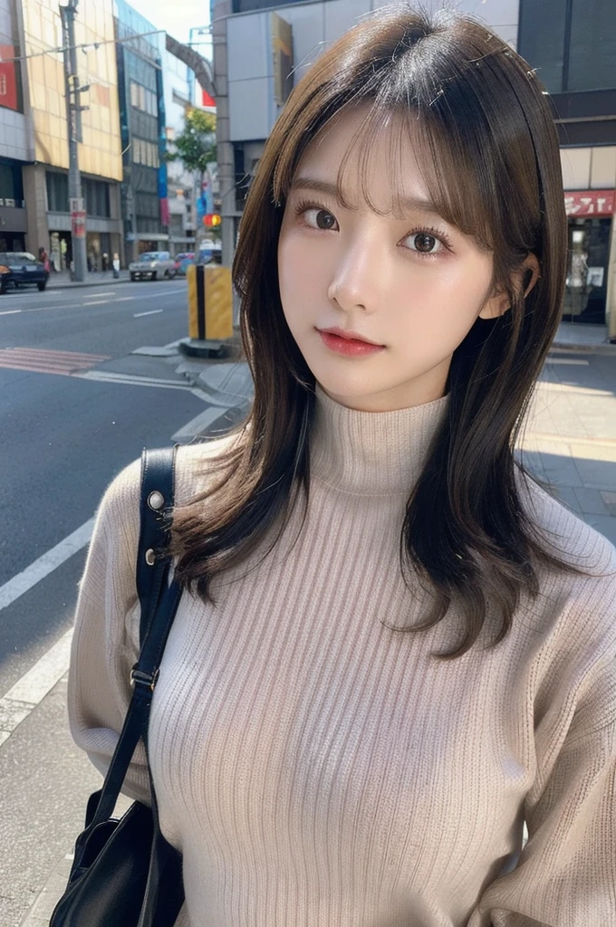 (huge tit、Turtleneck knitwear、Shoulder Bag)、(top-quality,​masterpiece:1.3,超A high resolution,),(ultra-detailliert,Caustics),(Photorealsitic:1.4,RAW shooting,)Ultra-realistic capture,A highly detailed,high-definition16Kfor human skin、 Skin texture is natural、、The skin looks healthy with an even tone、 Use natural light and color,One Woman,japanes,,kawaii,A dark-haired,Middle hair,(depth of fields、chromatic abberation、、Wide range of lighting、Natural Shading、)、(Hair swaying in the wind:1.2)、Streets of Tokyo