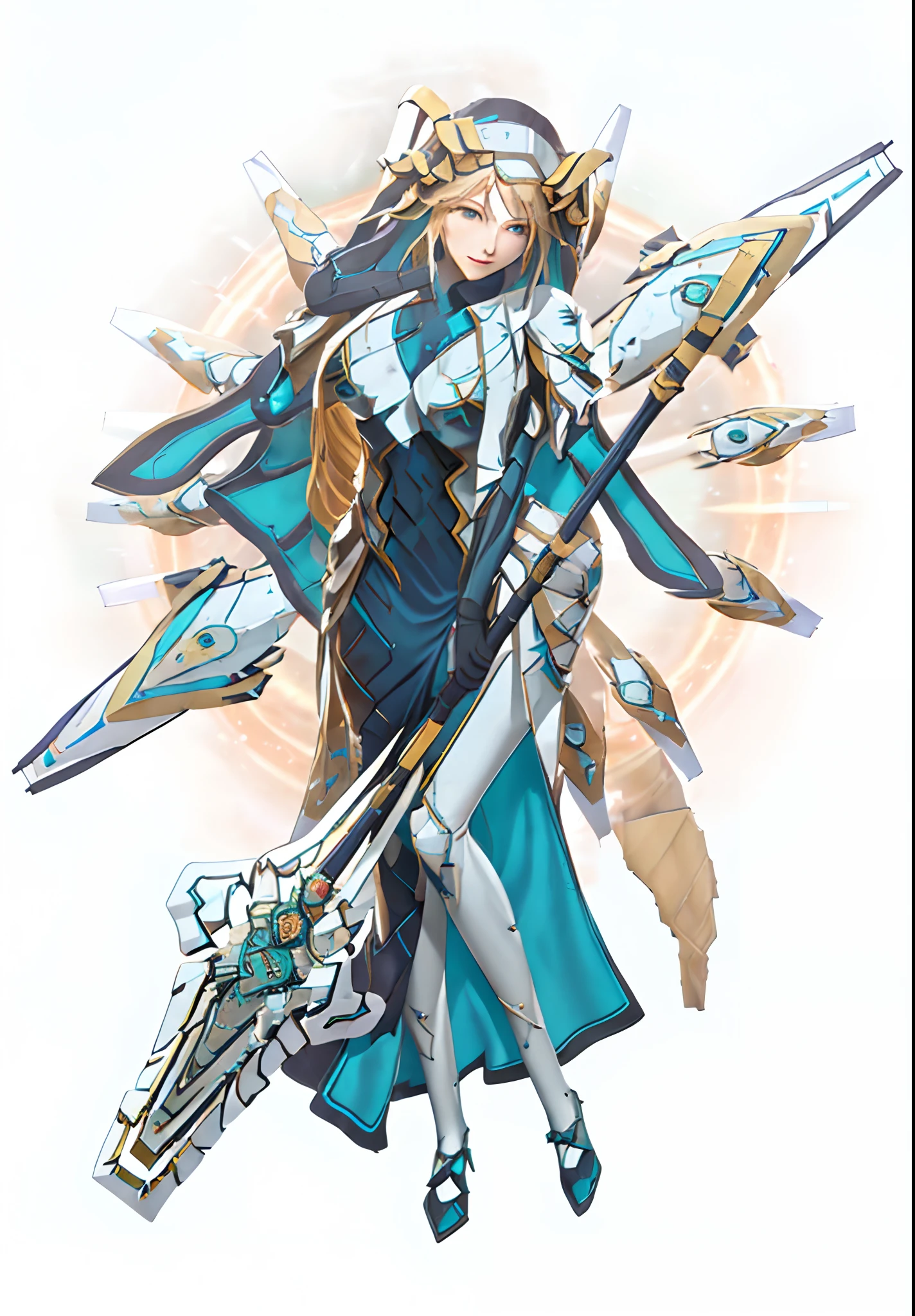 a woman in a long dress holding a sword and a sword, mechanized valkyrie girl, gear aurora, cushart krenz key art feminine, in opal armor, guilty gear strive splash art, this character has cryokinesis, genshin impact character, official character art, white cyan, granblue fantasy, ayaka genshin impact, from arknights