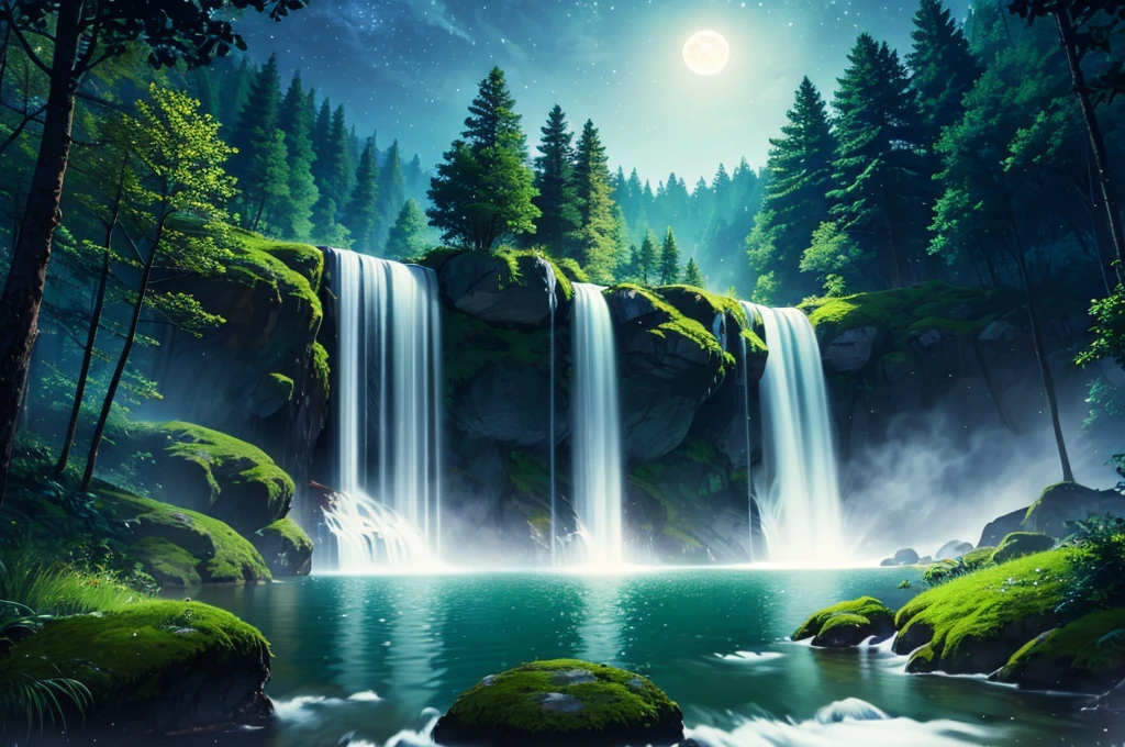 Ultra realistic 8k picture,green forest, bright beautiful night,full moon ,waterfall, colourful bright details,