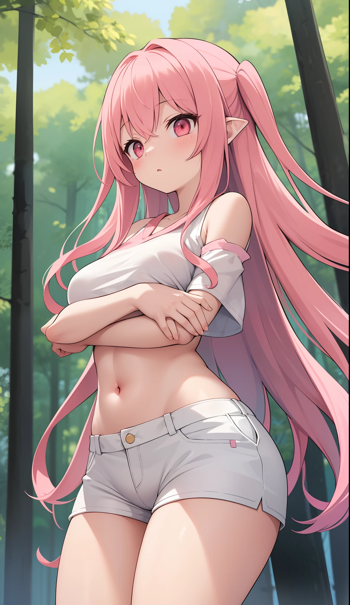 masterpiece, best quality, (1girl:1.2), pine forest, long pink hair, white shorts, white top, hands together in the chest, no strap, no sleeves, tight-fitting, thighs enlarged, short