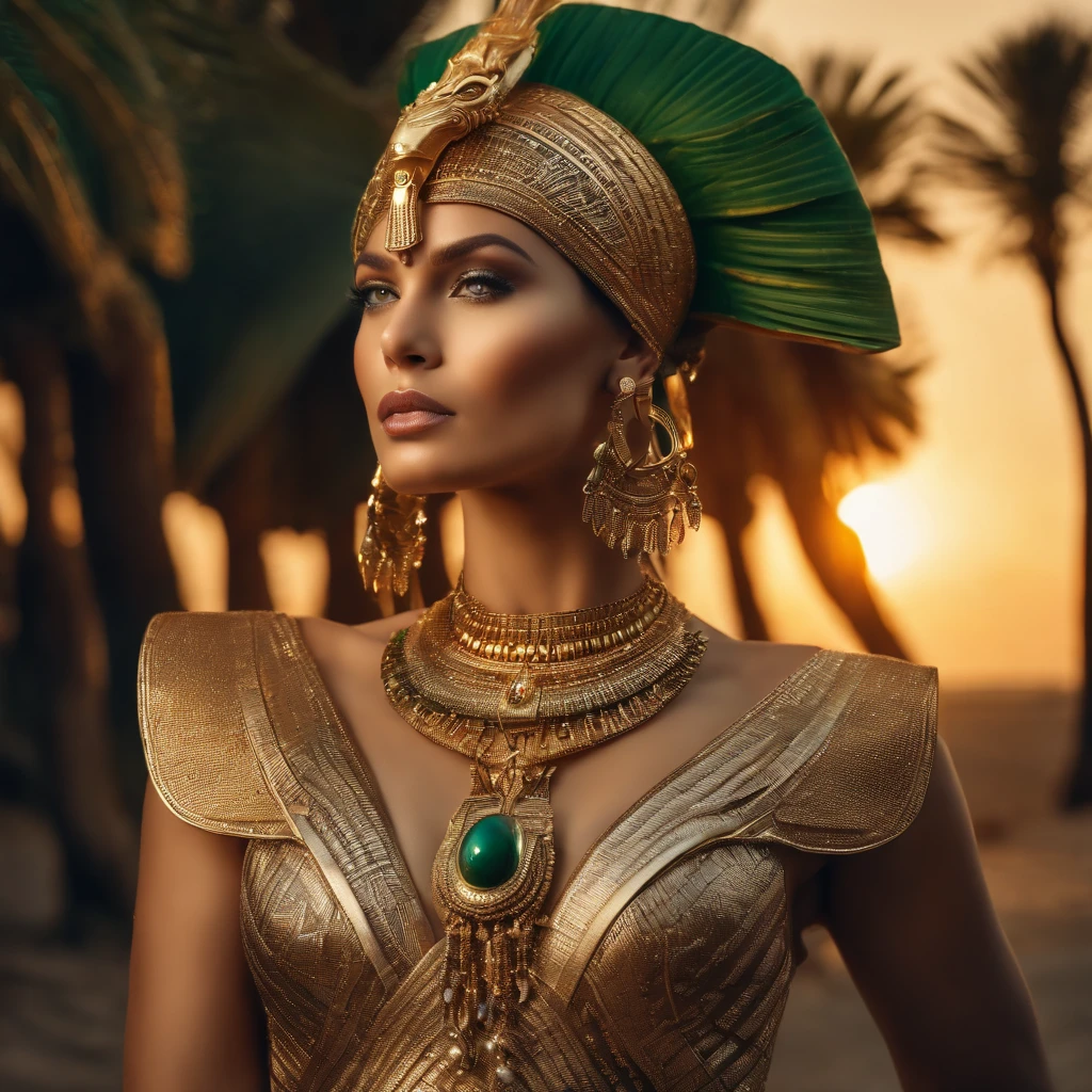 best quality, portrait of a beautiful, curvy woman with green eyes, in futuristic headdress inspired by an ancient egypt king and Cleopatra, Tutankhamun, snake, gold, silver, stones, scarab beetle, microchips, Integrated Circuit, cabels, electric glow, retro futurism, beach in sunset, warm glowing sunset, palm trees, mecha-girl, human machine integration, long skirt in gold, in her hand she is holding a golden spire, Steven Meisel