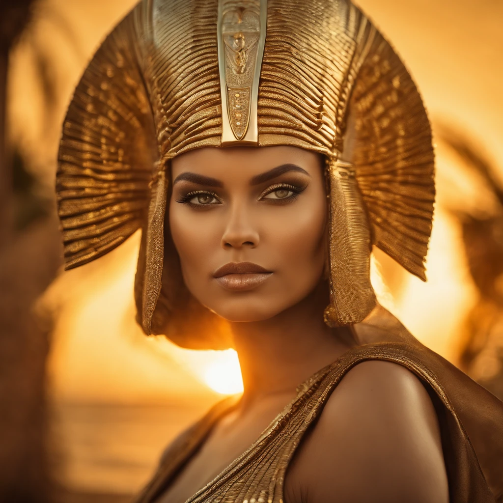 best quality, portrait of a beautiful, curvy woman with green eyes, in futuristic headdress inspired by an ancient egypt king and Cleopatra, Tutankhamun, snake, gold, silver, stones, scarab beetle, microchips, Integrated Circuit, cabels, electric glow, retro futurism, beach in sunset, warm glowing sunset, palm trees, mecha-girl, human machine integration, long skirt in gold, in her hand she is holding a golden spire, Steven Meisel