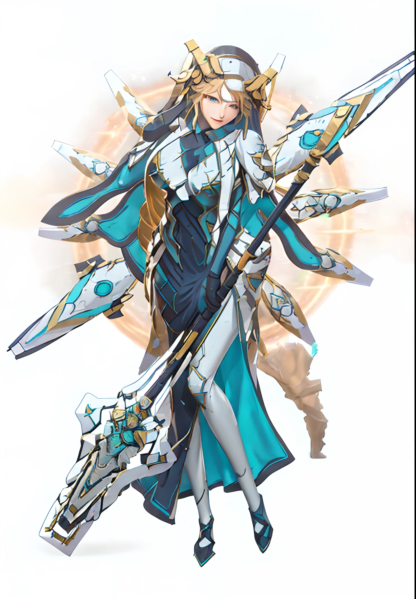 a woman in a long dress holding a sword and a sword, mechanized valkyrie girl, gear aurora, cushart krenz key art feminine, in opal armor, guilty gear strive splash art, this character has cryokinesis, genshin impact character, official character art, white cyan, granblue fantasy, ayaka genshin impact, from arknights