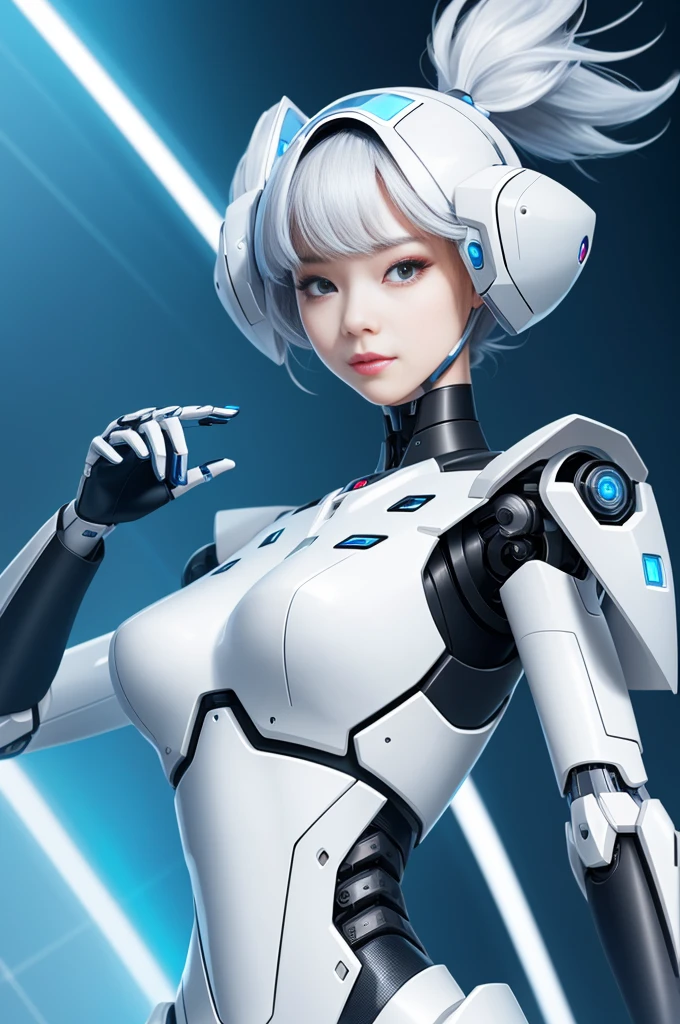 Please draw an illustration to represent a female robot.。she has a sophisticated design、It is a robot with a futuristic yet feminine appearance.。Her body is made of metallic material、Picture it to have a shiny surface。Her face was expressionless.、Make sure your design incorporates sharp lines and geometric elements.。her eyes have bright colors、Please express it in a way that brings out the robot-like character.。pure、her hairstyle and clothes、Poses etc.、Make it a futuristic and innovative design。In the background、You can also incorporate elements that emphasize robot-likeness.。