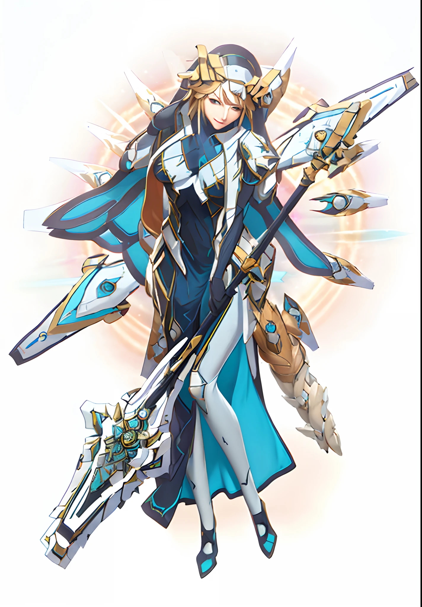 a woman in a long dress holding a sword and a sword, mechanized valkyrie girl, gear aurora, cushart krenz key art feminine, in opal armor, guilty gear strive splash art, this character has cryokinesis, genshin impact character, official character art, white cyan, granblue fantasy, ayaka genshin impact, from arknights