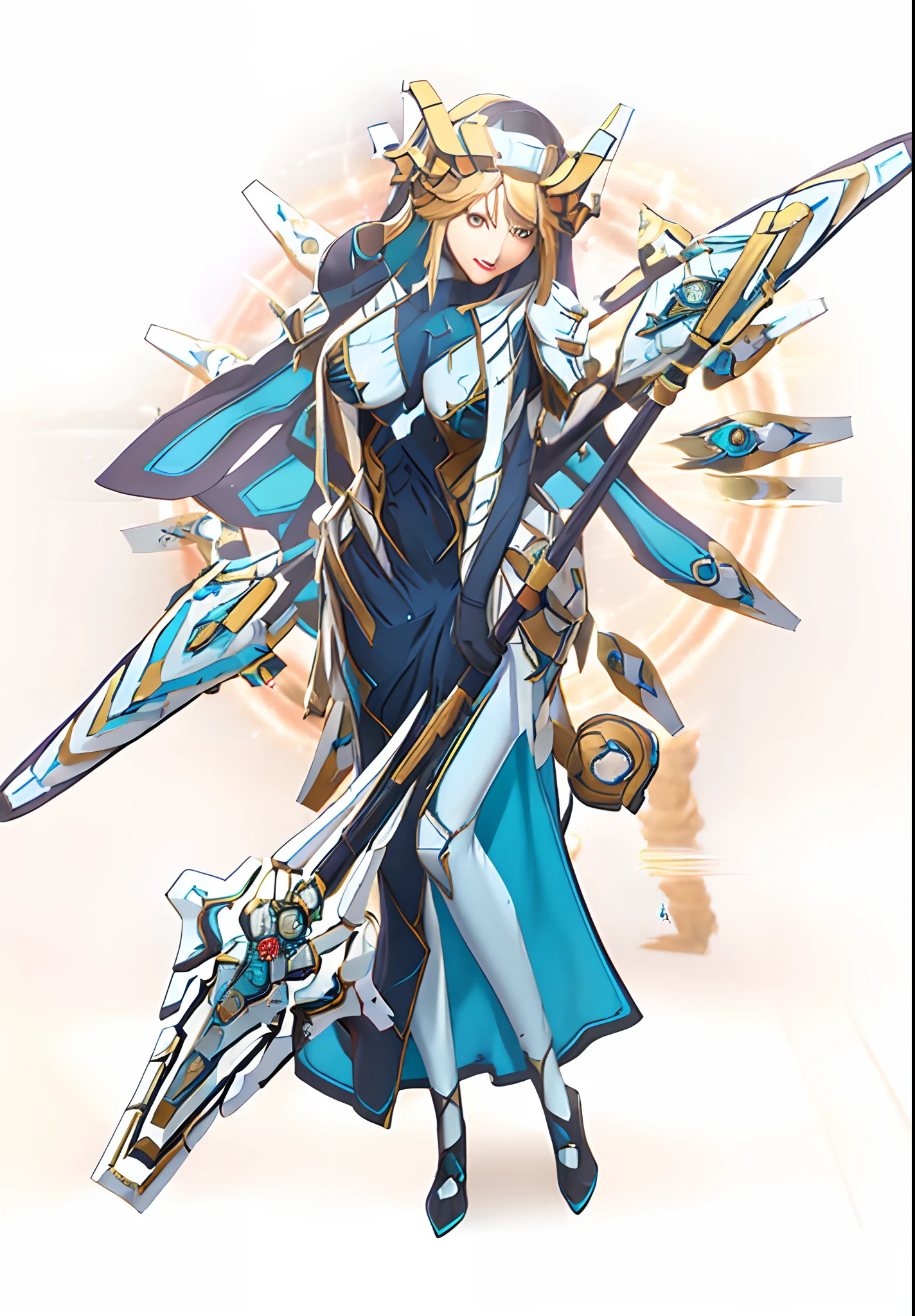 a woman in a long dress holding a sword and a sword, mechanized valkyrie girl, gear aurora, cushart krenz key art feminine, in opal armor, guilty gear strive splash art, this character has cryokinesis, genshin impact character, official character art, white cyan, granblue fantasy, ayaka genshin impact, from arknights