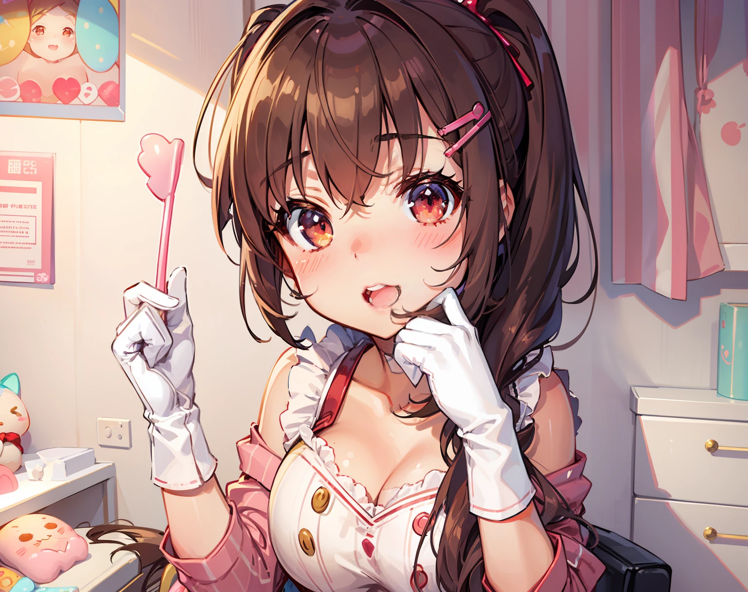 adult woman、exact number of fingers、Exact number of legs、Exact number of arms、bangs, Ribbon Ponytail, brown hair, (blush:1), (Put one hand in your panties:1.8), fingering, (pussy juice:1.2), cum in mouth, (A woman is holding a microphone and is about to sing:1.5)、white and navy idol costume、The costume comes with a navy blue idol-style corset.., The costume has a ribbon attached to its collar..、It is a costume that covers up to the shoulders., side, upper arm, and arms., That costume only opens wide at the chest..、high socks、white idol style skirt, (Underwear with elaborate and luxurious decorations:1.3), Ribbon at collar., (White and pink panties with lots of lace:1.3), white lace bra:1.2), sexy underwear, Thighhighs、 beautiful big breasts, (erect nipples:1), The skirt is rolled up、highest quality, High resolution, (fine and beautiful eyes:1.6), highly detailed face, perfect lighting, Very detailed CG, (perfect hands, perfect anatomy),embarrassed look、The expression of someone who is holding back from going to the toilet, (Sexual pleasure expression:1.4), (expression of agony:1.2)、close your eyes、sexy look、look up、mouth half open、climax、(live stage、a lot of spectators:1.3)、whole body
