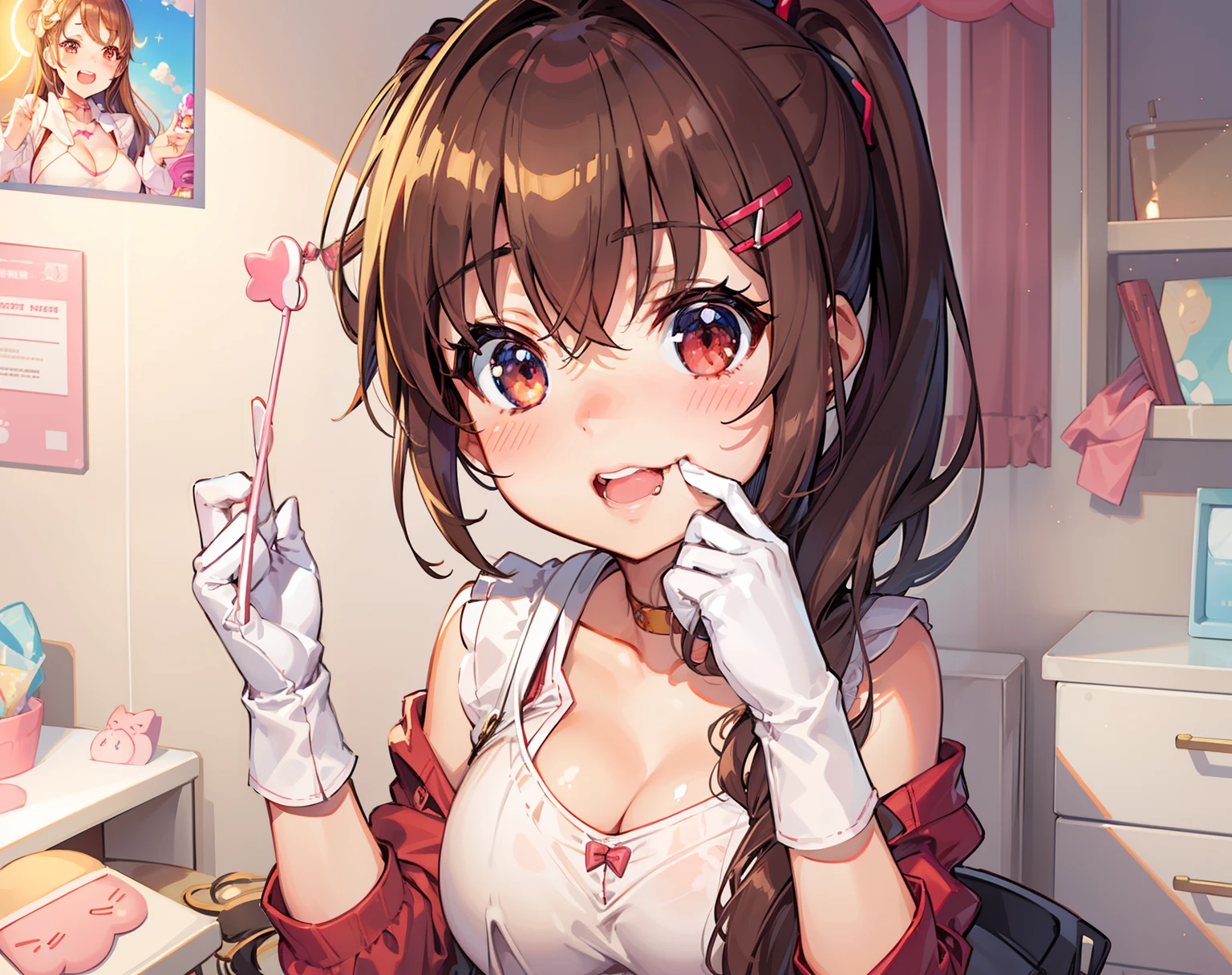 girl,Smile, blush, cleavage, ,brown hair, red eyes, red fingerless gloves,glowing aura, natural light, masterpiece,  glossy skin, juicy lips ,long hair, cute, kawaii, adorable, reaching up, adult, cuddle, kawaii clothes,random hair style, random clothes, , girl happy, dentist, teeth, tooth accessories, tooth ornament