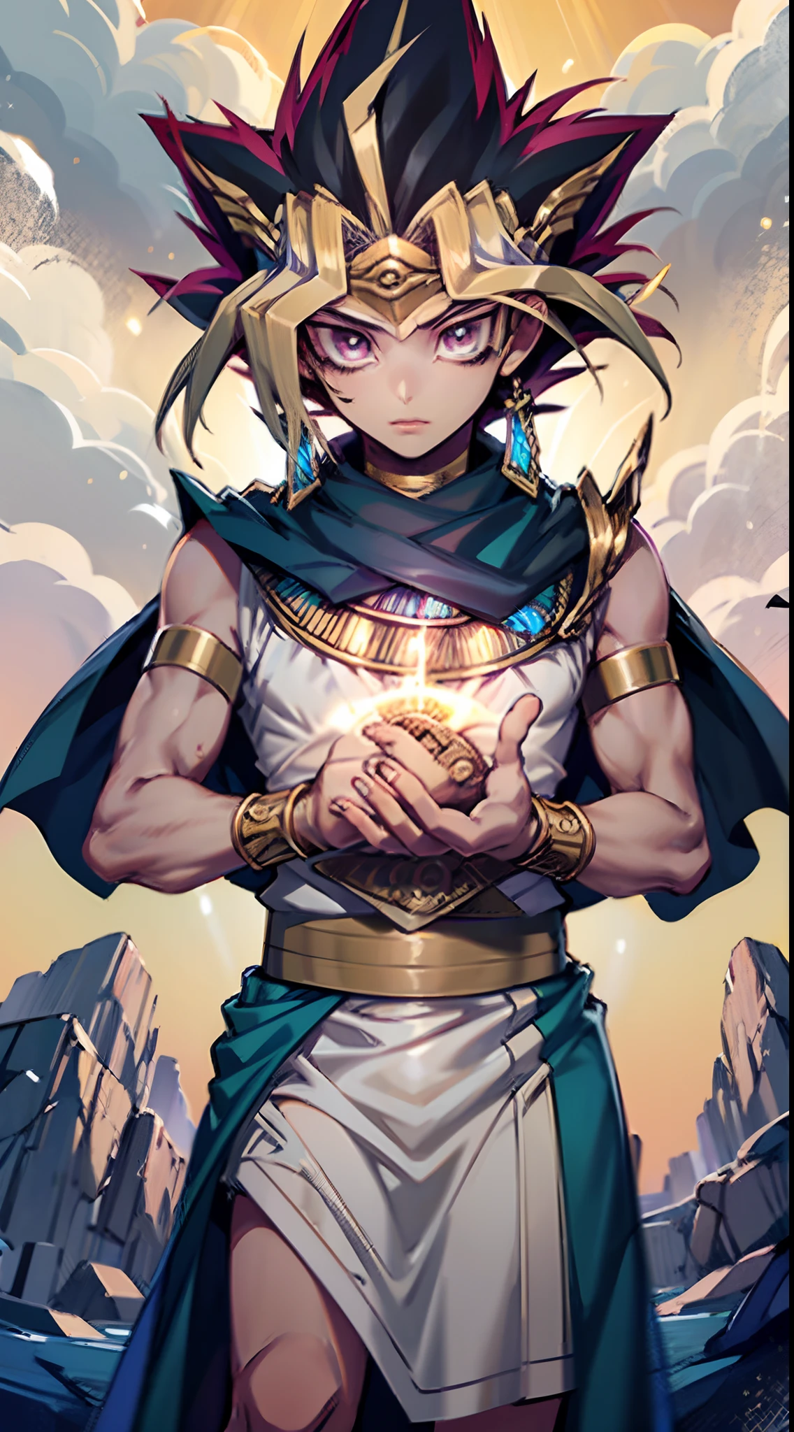 Atem, 1boy, egyptian clothes, eye of horus, jewelry, dark-skinned male, multicolored hair, spiked hair, purple eyes, handsome, perfect hands, muscular, adult male, solo, masterpiece, best quality, 8k,