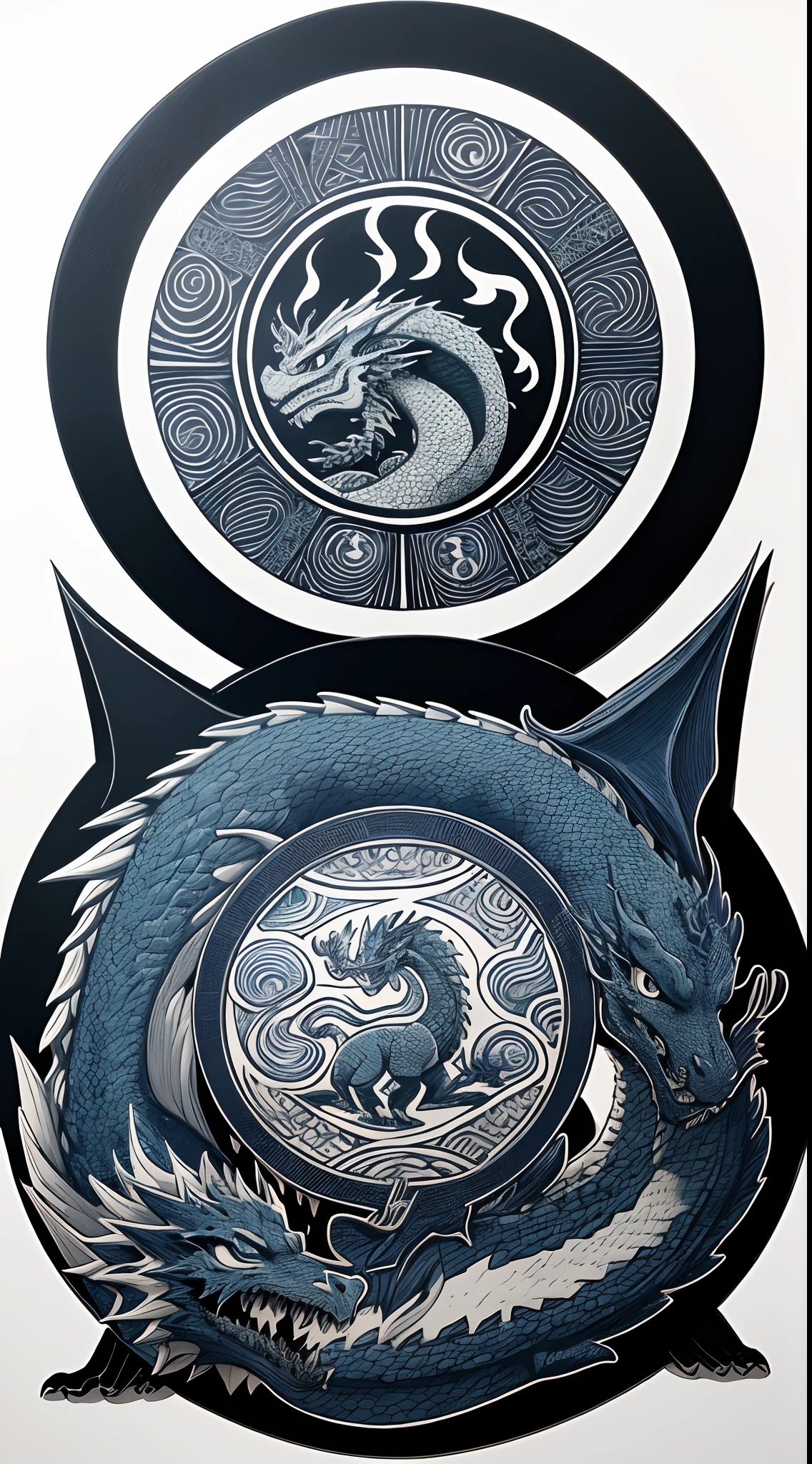 Symbolic symbols of An ethnic minority boy with a dragon tattooed on his upper body,black and white woodblock prin,, minimalist style, graphic illustrations of totem art,blue and white color scheme, bold prints, stone carvings, dual tone, sharpie illustration,white background--ar 3:4 50 --niji 5 --s 2