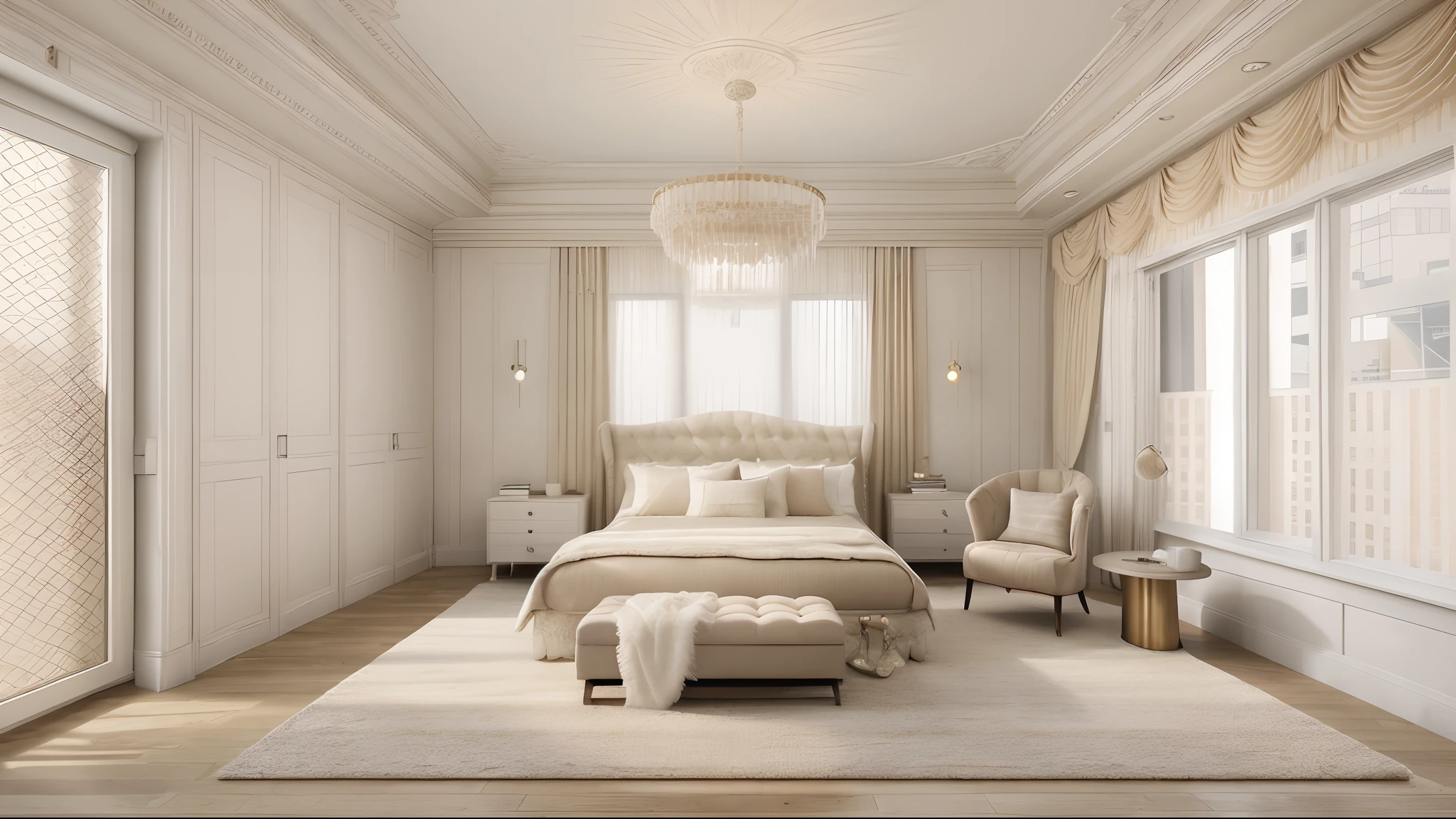 bedroom interior, bed, bench, rug, armchair, chandelier, bedhead table, wall lamp, drape, coffee table, window, natural light, white and beige color scheme, softlight