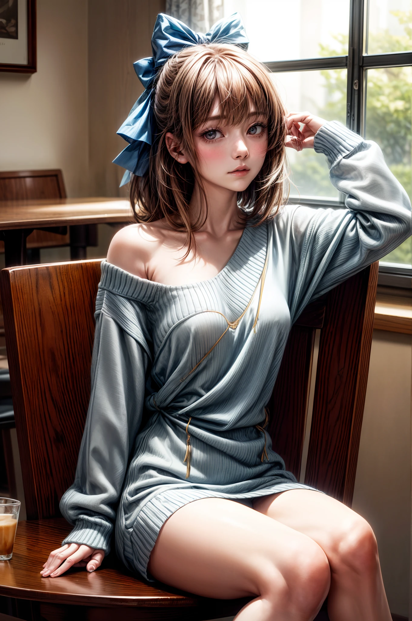 masutepiece, Best Quality, 1girl in, Solo, Medium Hair, window, Sitting, Indoors, The table, sleeves past wrists, cafes, Hair Bow, head rest, Closed mouth, Blue sweater, Upper body, (Perfect Anatomy:1.2)