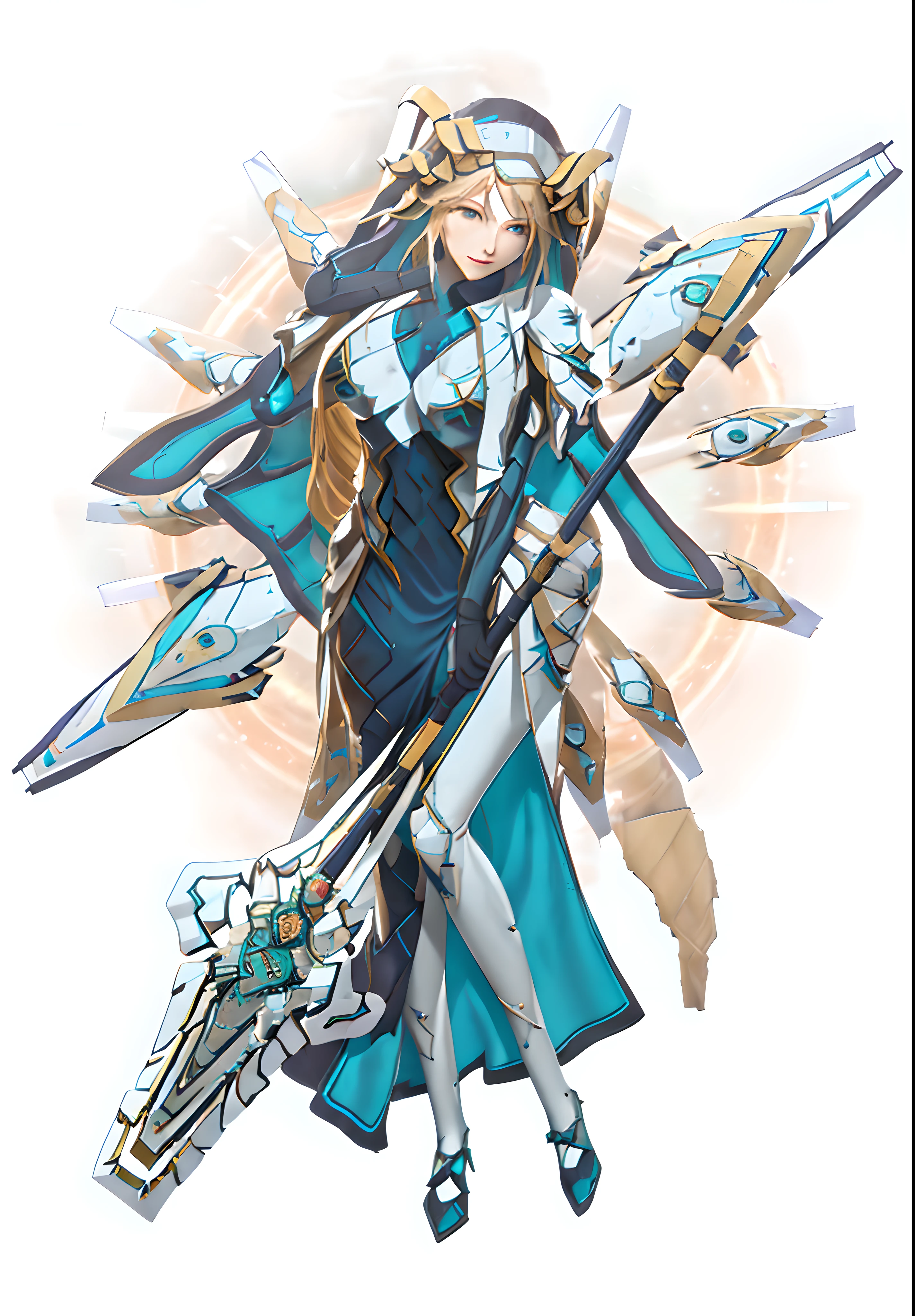 a woman in a long dress holding a sword and a sword, mechanized valkyrie girl, gear aurora, cushart krenz key art feminine, in opal armor, guilty gear strive splash art, this character has cryokinesis, genshin impact character, official character art, white cyan, granblue fantasy, ayaka genshin impact, from arknights