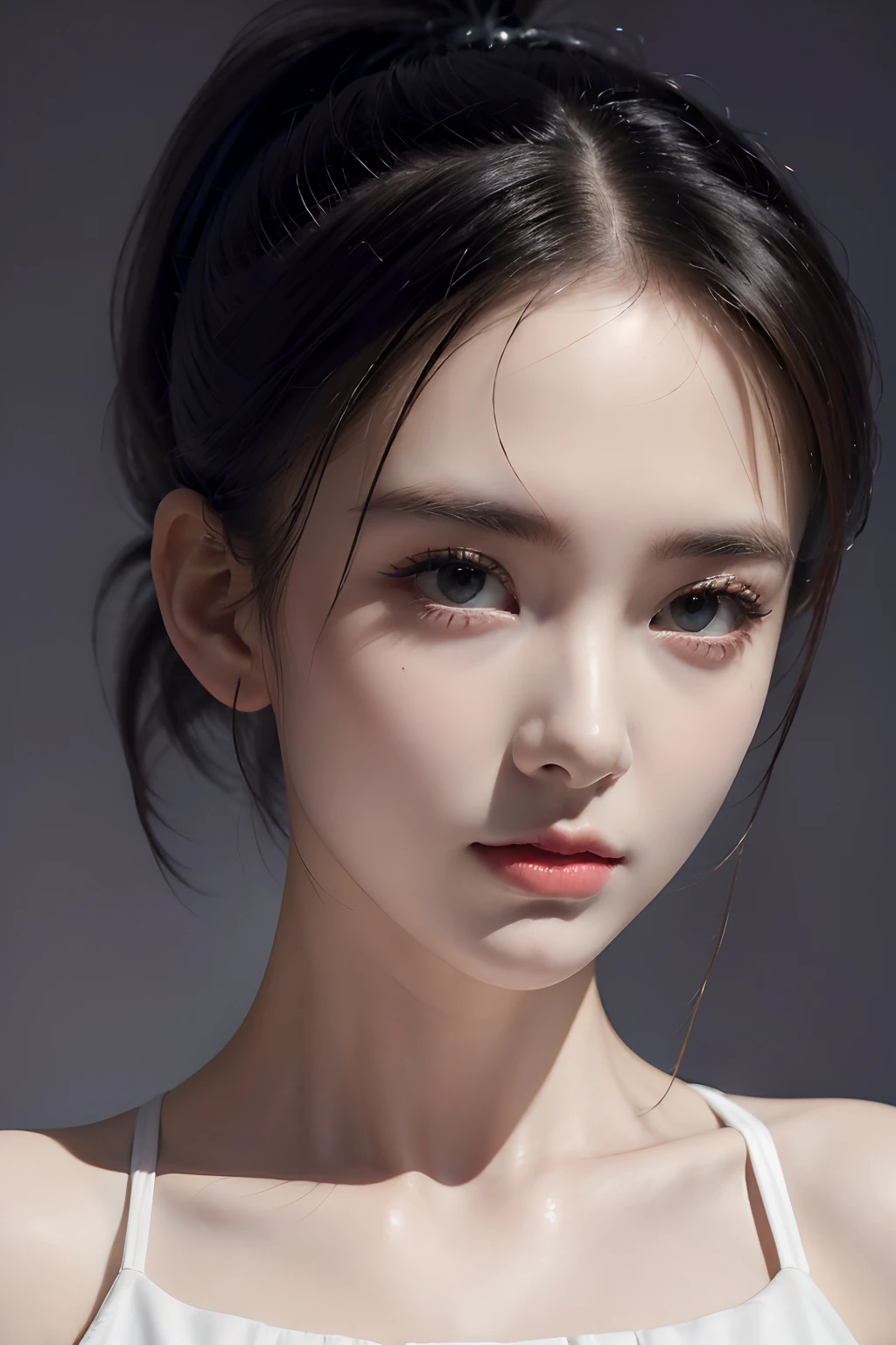 Verism, chiaroscuro, drop shadow, UHD, masterpiece, anatomically correct, textured skin, high details, high quality, highres, best quality, 5--old l, beautiful detailed face, short ponytail, half body shot,