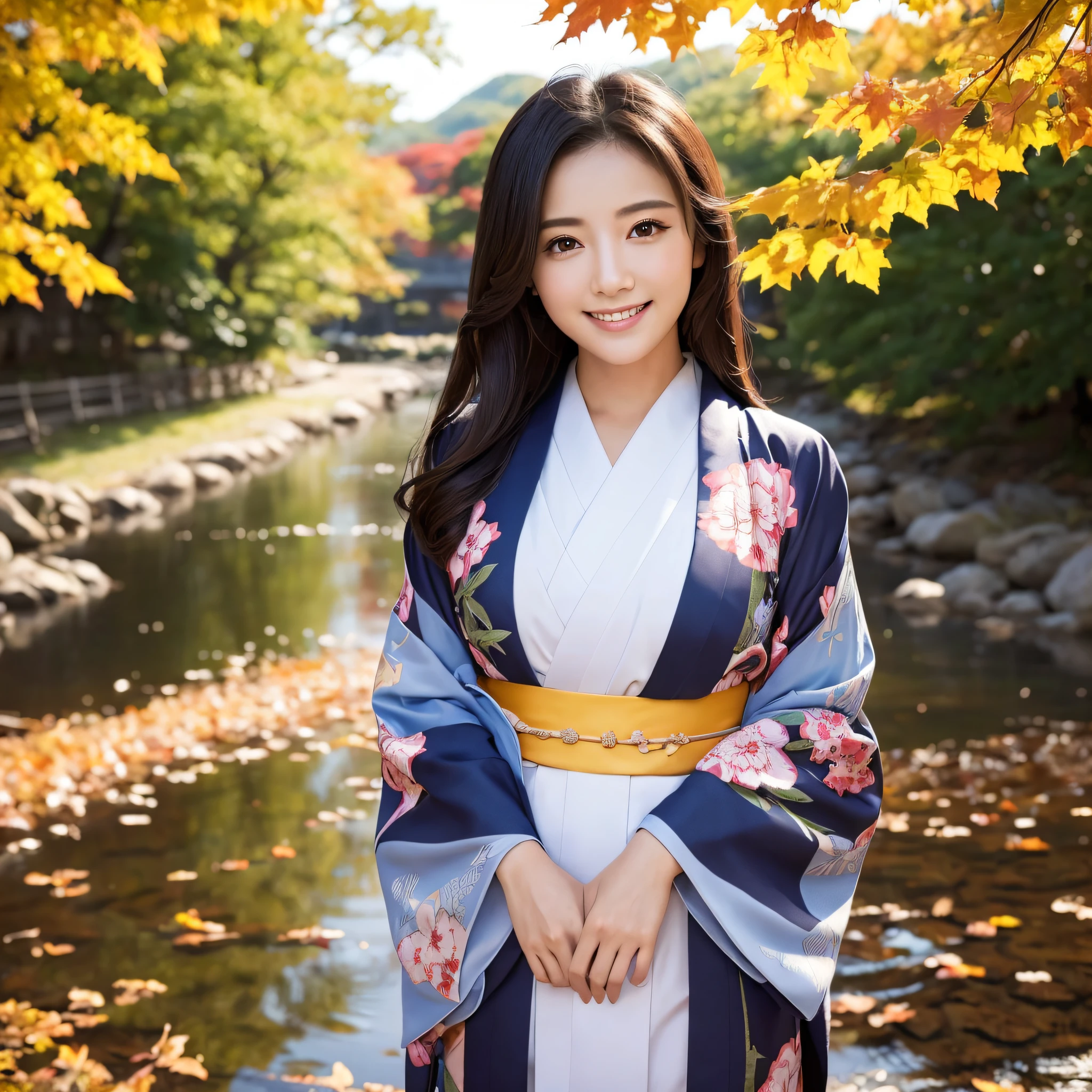 (Super beautiful woman in kimono)、((best qualtiy、8k masterpieces:1.3))、foco nítido:1.2、(ultra beautiful faces:1.0)、(shinny skin:1.0)、photos realistic、A dark-haired、Video Lighting、High-definition eyes and face、Video Lighting、Japanese actressl、from the front side、medium breasts、With a happy smile、wearing kimonos、Under the autumn leaves、