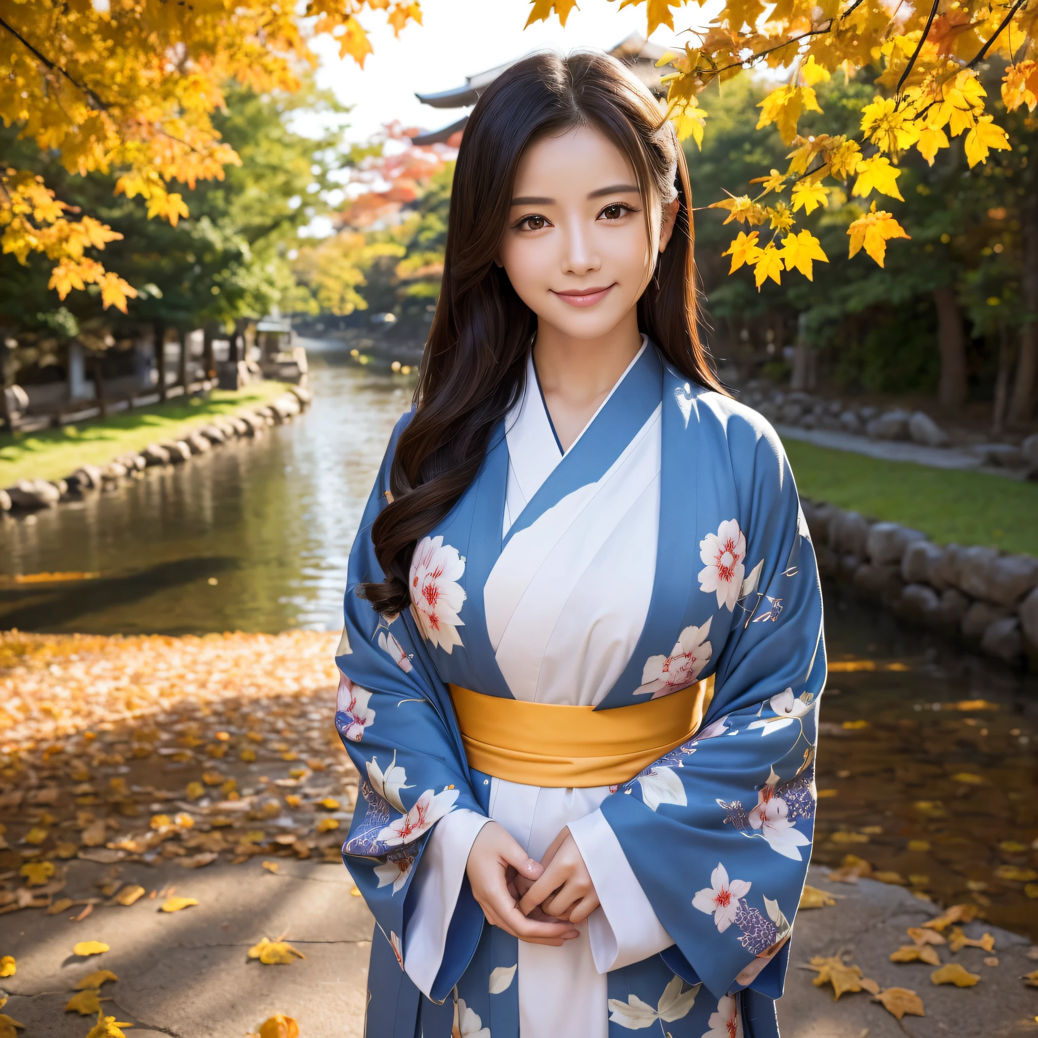 (Super beautiful woman in kimono)、((best qualtiy、8k masterpieces:1.3))、foco nítido:1.2、(ultra beautiful faces:1.0)、(shinny skin:1.0)、photos realistic、A dark-haired、Video Lighting、High-definition eyes and face、Video Lighting、Japanese actressl、from the front side、medium breasts、With a happy smile、wearing kimonos、Under the autumn leaves、