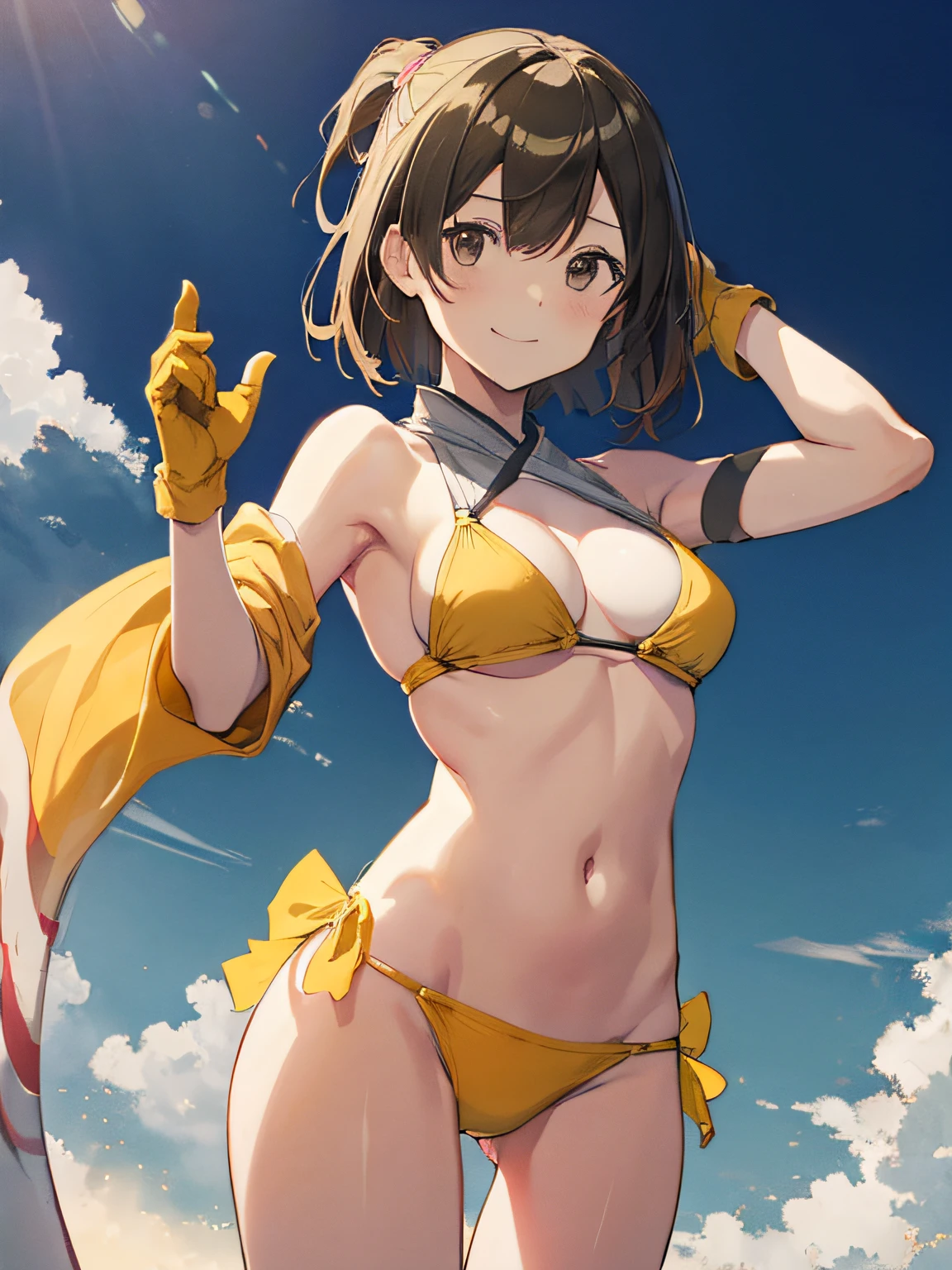 (masutepiece, Best Quality:1.2), Cowboy Shot, Solo, 1girl in, Hiryū, Smile, Looking at Viewer, Yellow Bikini、One side up, , partially fingerless gloves、The background is professional wrestling、Facing the front