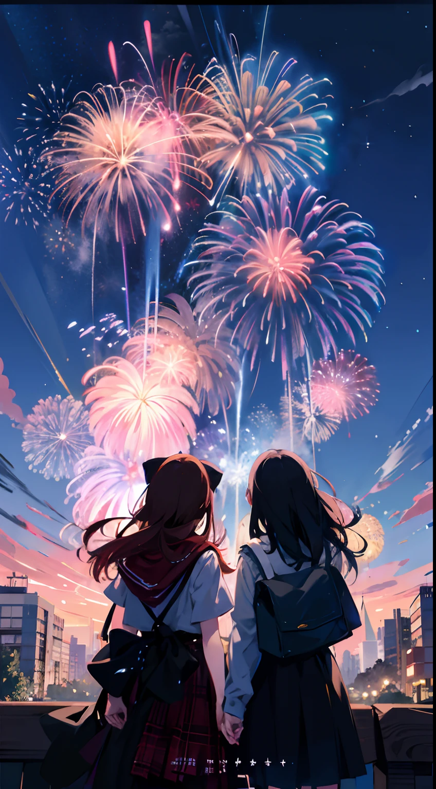 8K，High quality！！Detail enhancement！！Highest image quality！！！Two girls watching fireworks in the sky，The background is a city, fire works, anime backgrounds, Fireworks, Fireworks in the background, anime wallaper, [ fireworks in the sky ]!!, 4K anime wallpaper, fireworks in background, 4th of july, Anime wallpaper 4K, Anime wallpaper 4 k, 4k manga wallpapers, Anime art wallpaper 4k