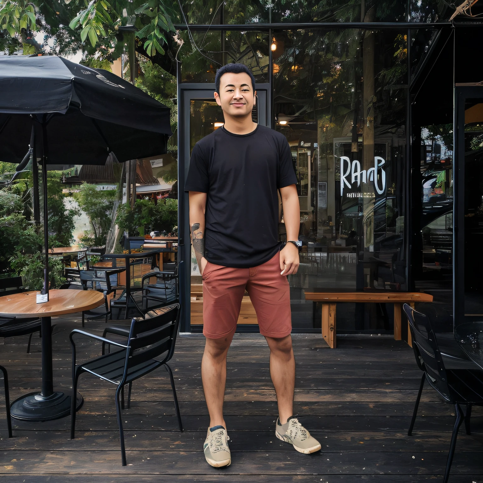 arafed man standing on a wooden deck in front of a restaurant, standing in a restaurant, portrait full body, in front of ramen shop, full body photograph, young man with short, he is wearing a black t-shirt, standing in a city center, full body photogenic shot, full body photgraph, full portrait, full body portrait shot