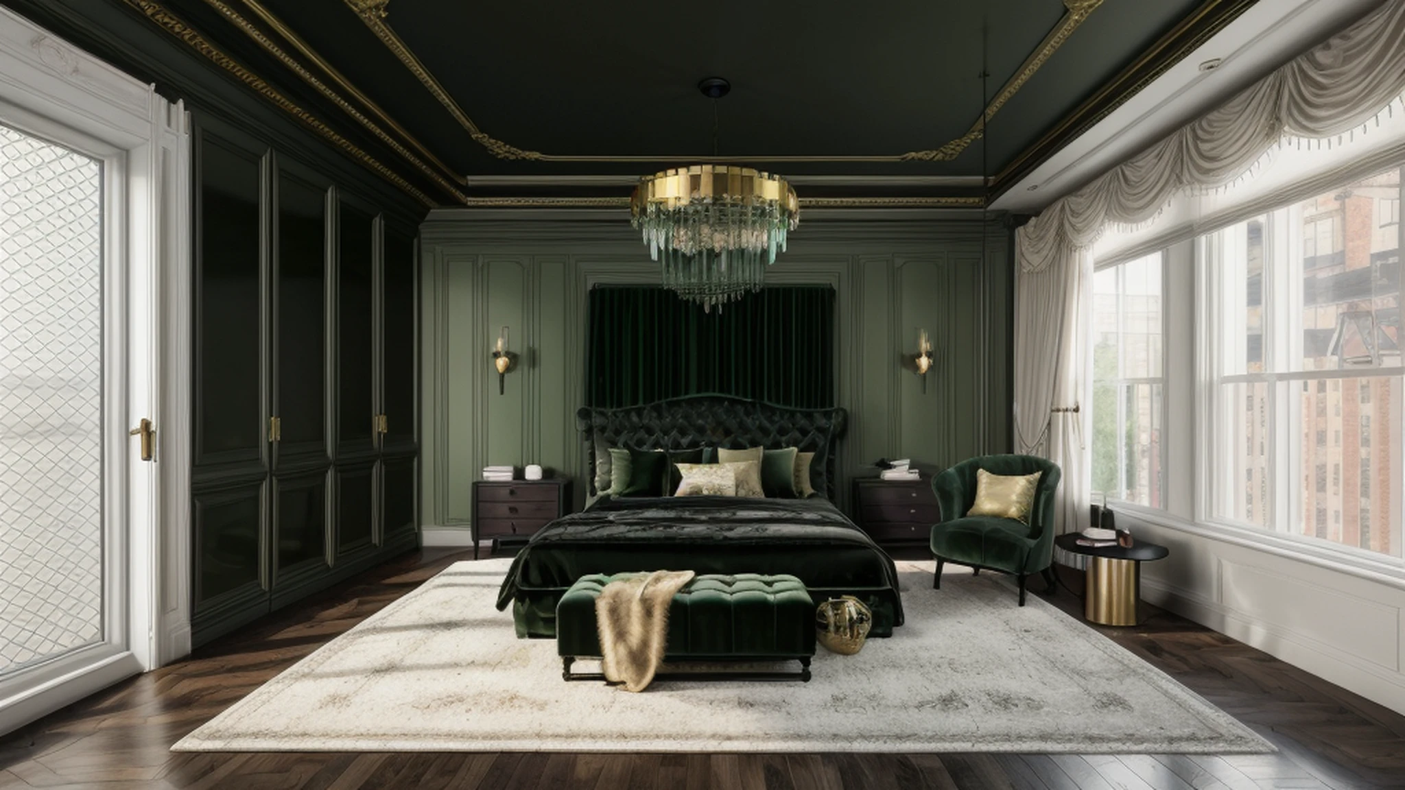 bedroom interior, bed, bench, rug, armchair, chandelier, bedhead table, wall lamp, drape, coffee table, window, natural light, black and dark green color scheme, glossy material, softlight