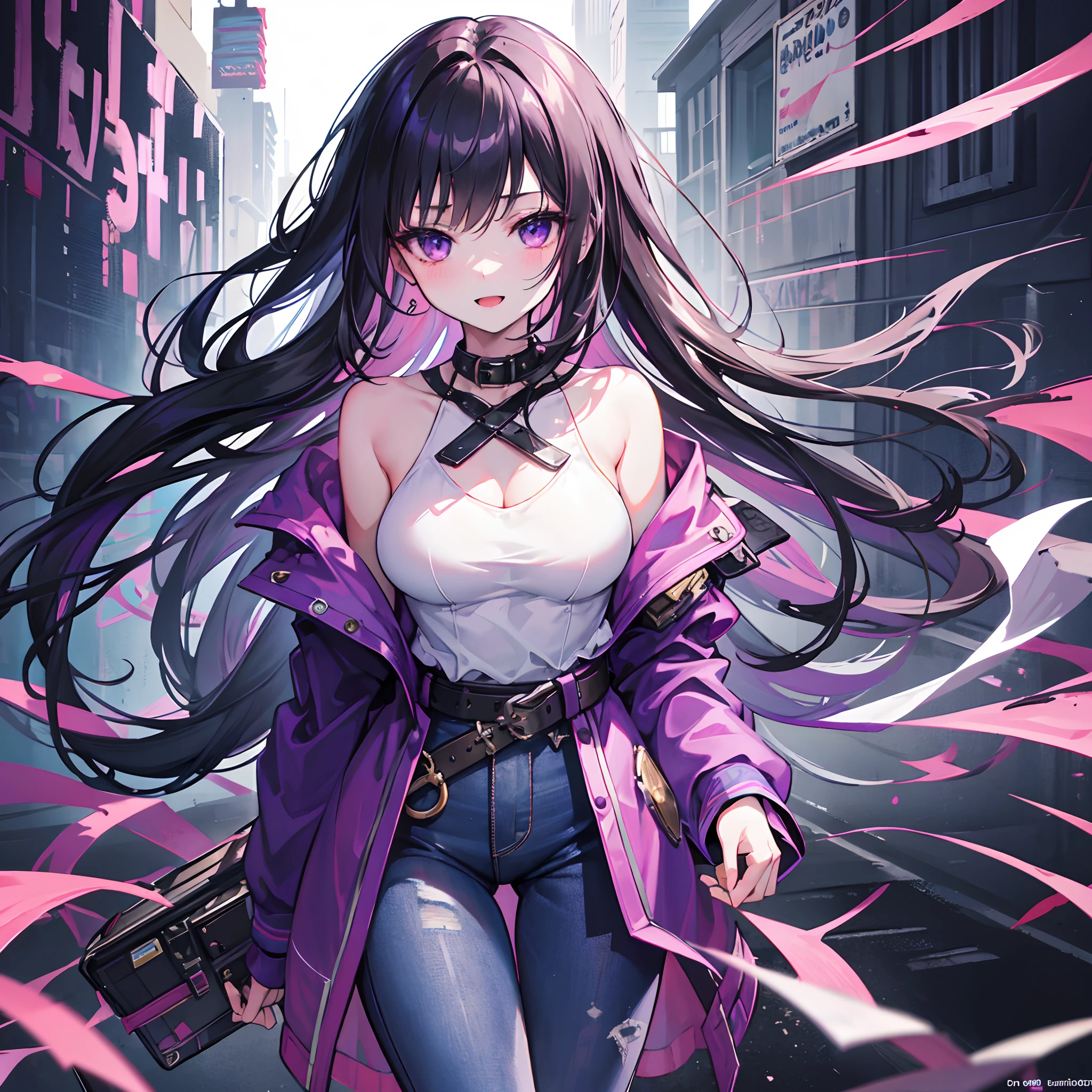 Original Character, Volumetric Lighting, Best Shadows, Shallow Depth of Field, Portrait Of Stunningly Beautiful Girl, Petite, Delicate Beautiful Attractive Face With Alluring purple Eyes, Messy Painted Face, Broadly Smiling, Open Mouth, Lovely Medium Breasts, Layered Long straight Black Hair, Blush Eyeshadow, Oversized Pop Jacket, Jeans Pants, With Buckle Belt, In The Graffiti Alley, Outdoor Unit, Standing, (Highest Quality, Amazing Details:1.25), (Solo:1.3), Brilliant Colorful Paintings