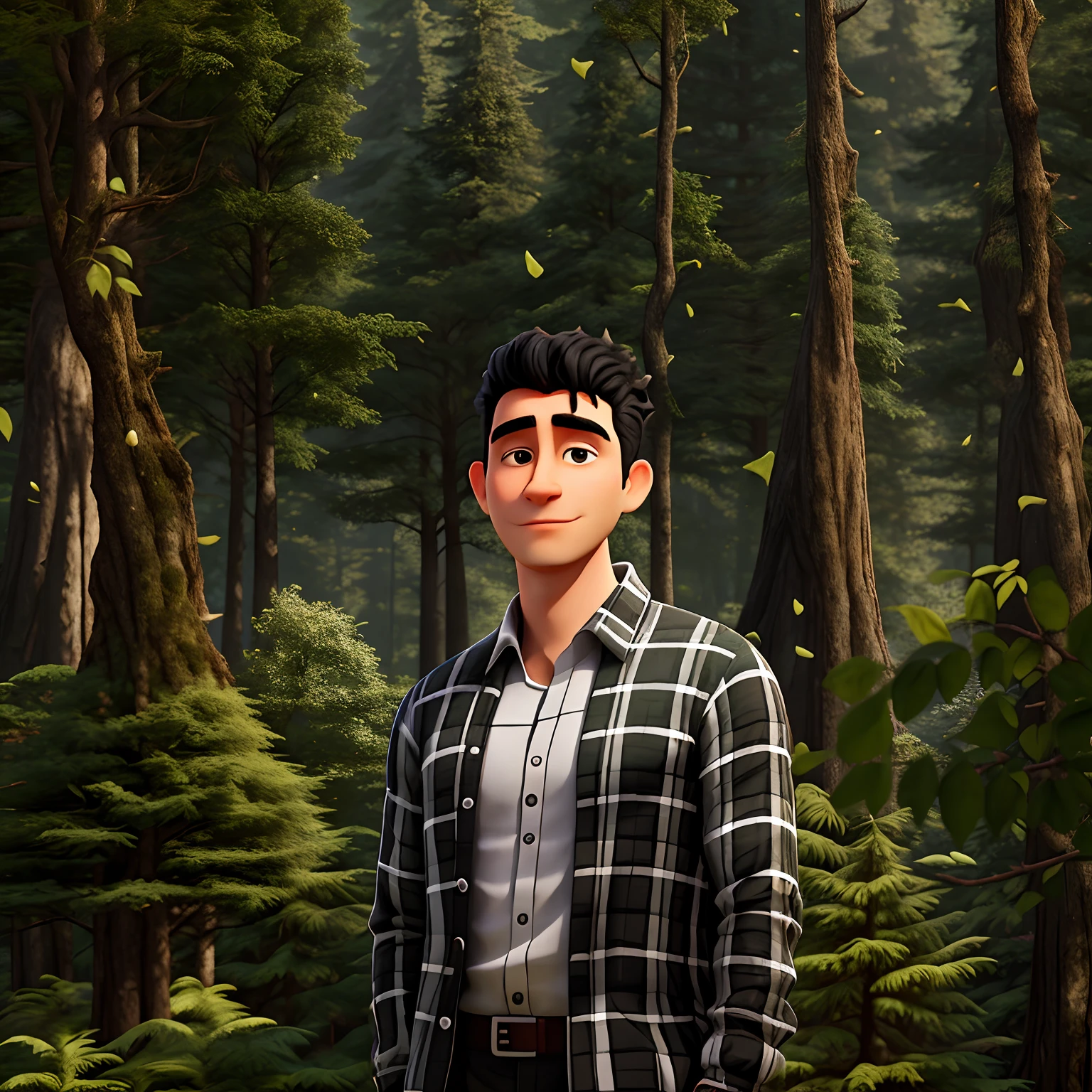 arafed man standing in a forest with a black and white checkered shirt, in front of a forest background, in forest, standing in the forrest, potrait, mid shot portrait, portrait of forest gog, forrest in the background, stood in a forest, standing in a forest, amidst nature, standing on a forest, standing in the forest