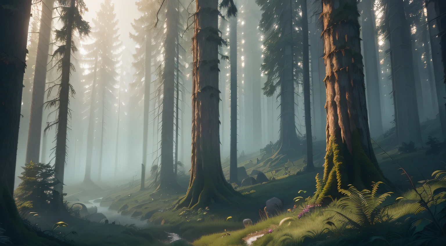 (best quality,4k,8k,highres,masterpiece:1.2),ultra-detailed,landscape artwork,dense and dark forest,dense mist,dense fog,thickets,enchanted atmosphere,dim lighting,tall trees with intertwining branches,detailed textures, wild forest,at dawn,poor visibility