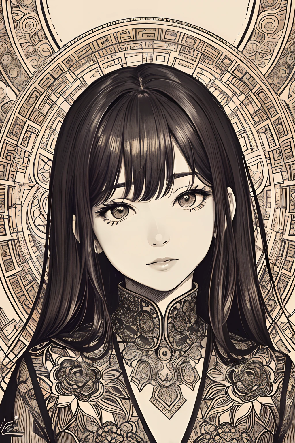 (masterpiece, top quality, best quality, official art, beautiful and aesthetic: 1.2), (1girl: 1.3), very detailed, (fractal art: 1.1), (color: 1.1) (flowers: 1.3), (by Yuko Higuchi:1.4), Higuchi Yuko,(by Yoh:1.2),(lineart),line drawing,pen drawing,zentangle,(tattoo pattern:1.2),(Intricate lines),(masterpiece),(best quality:1.1), (ultra-detailed),best illustration,finely detail,hand drawn high quality,High contrast,(clean lines:1.3),ligne claire,(Portrait),(extremely close-up:1.1),1 girl,solo,A girl is surrounded by red mushrooms,(Intricate details:1.3),(detailed background:1.2),(colored background:1.1),sketch,Intricate details,High Resolution